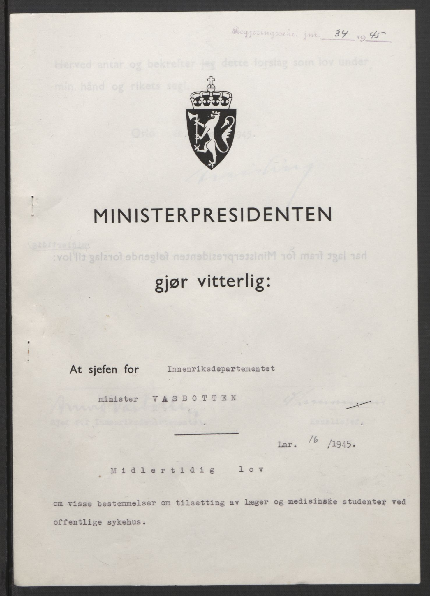 NS-administrasjonen 1940-1945 (Statsrådsekretariatet, de kommisariske statsråder mm), RA/S-4279/D/Db/L0101/0001: -- / Lover og vedtak, 1945, p. 65