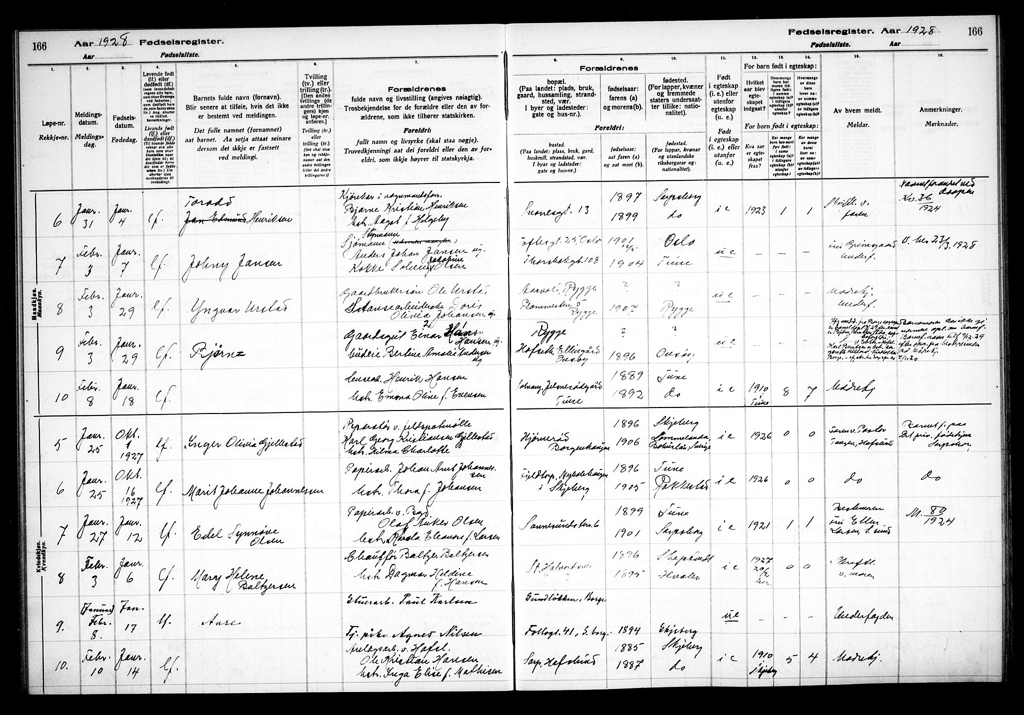 Sarpsborg prestekontor Kirkebøker, AV/SAO-A-2006/J/Ja/L0002: Birth register no. 2, 1922-1928, p. 166