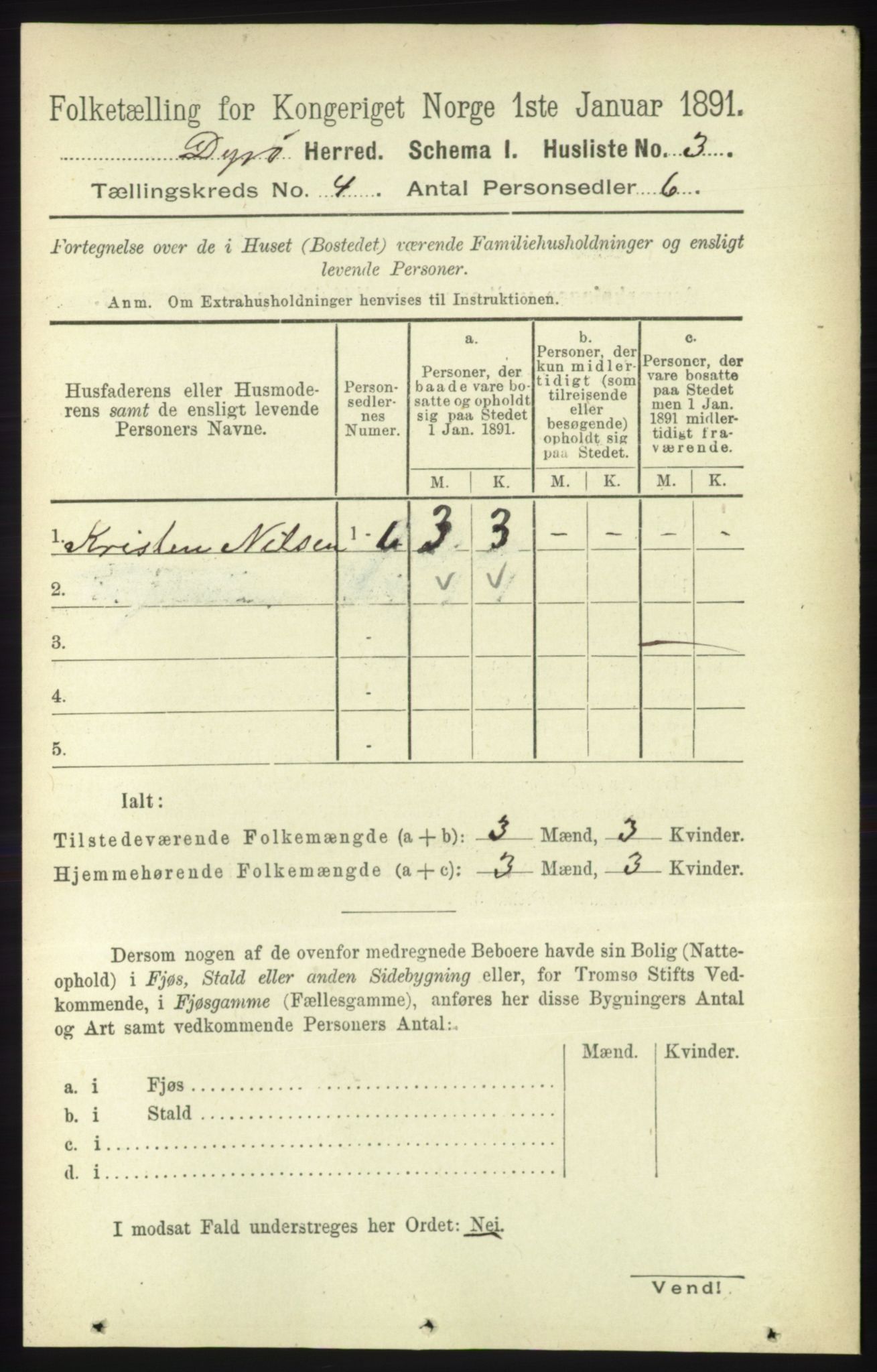 RA, 1891 census for 1926 Dyrøy, 1891, p. 1453