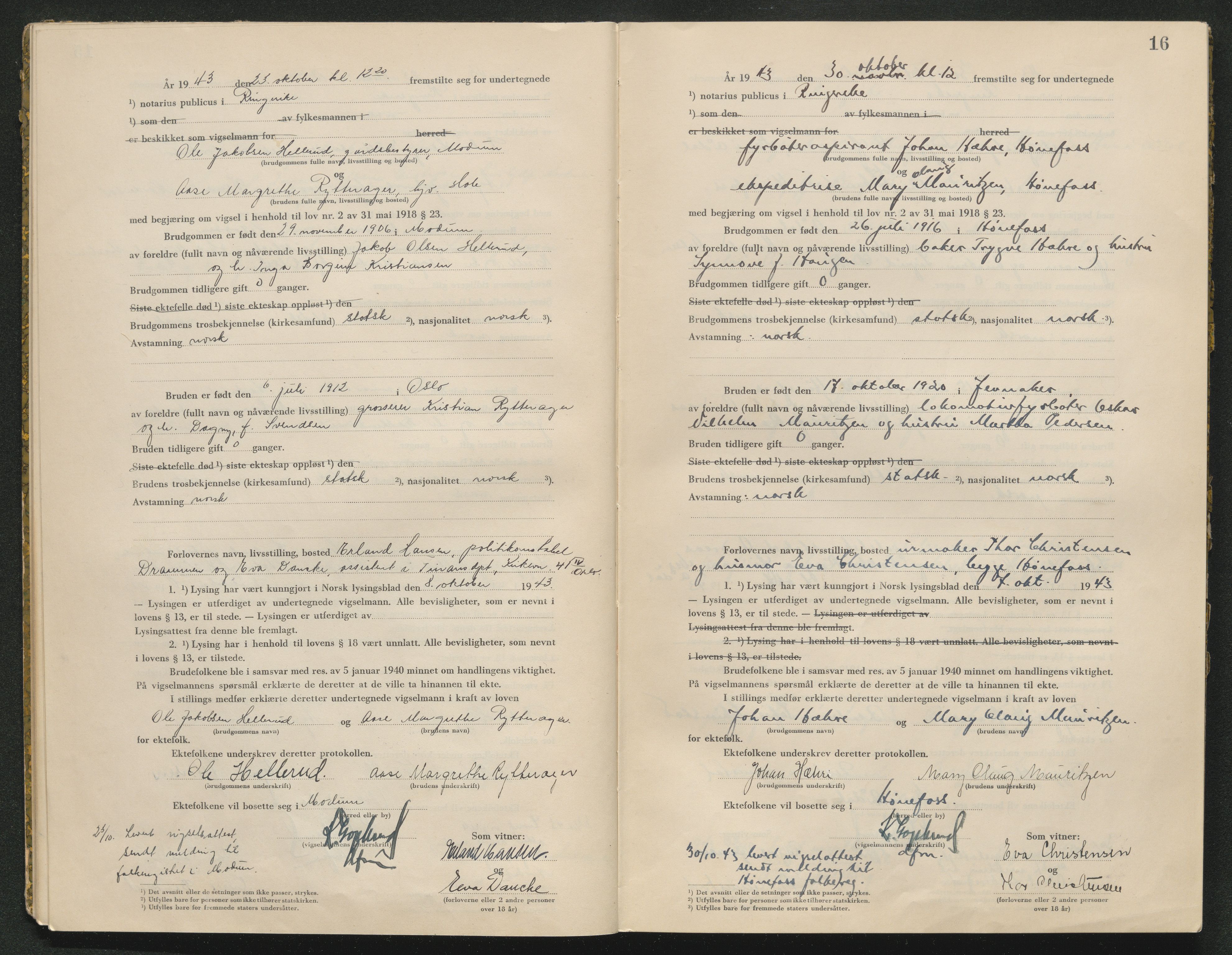 Ringerike sorenskriveri, AV/SAKO-A-105/L/Lc/L0003: Vigselsbok, 1943-1944, p. 16