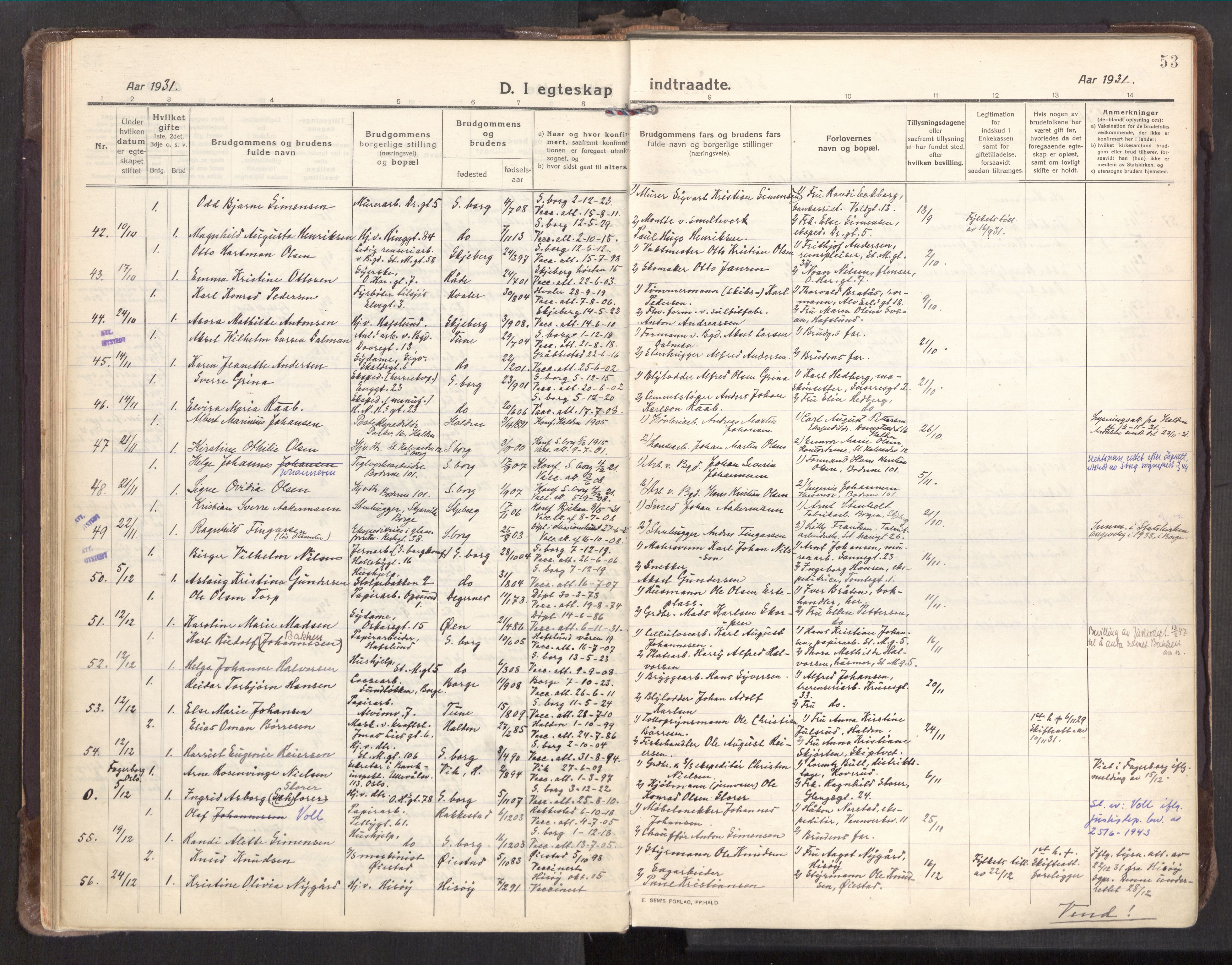 Sarpsborg prestekontor Kirkebøker, AV/SAO-A-2006/F/Fa/L0009: Parish register (official) no. 9, 1919-1931, p. 53