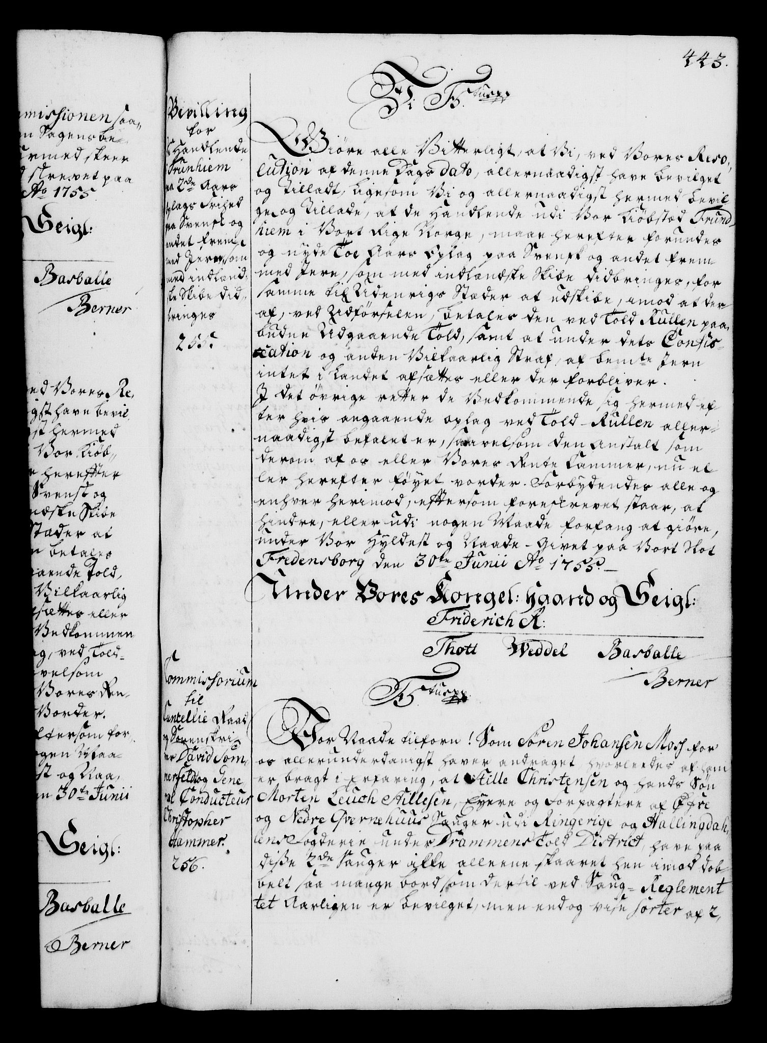 Rentekammeret, Kammerkanselliet, AV/RA-EA-3111/G/Gg/Gga/L0006: Norsk ekspedisjonsprotokoll med register (merket RK 53.6), 1749-1759, p. 443