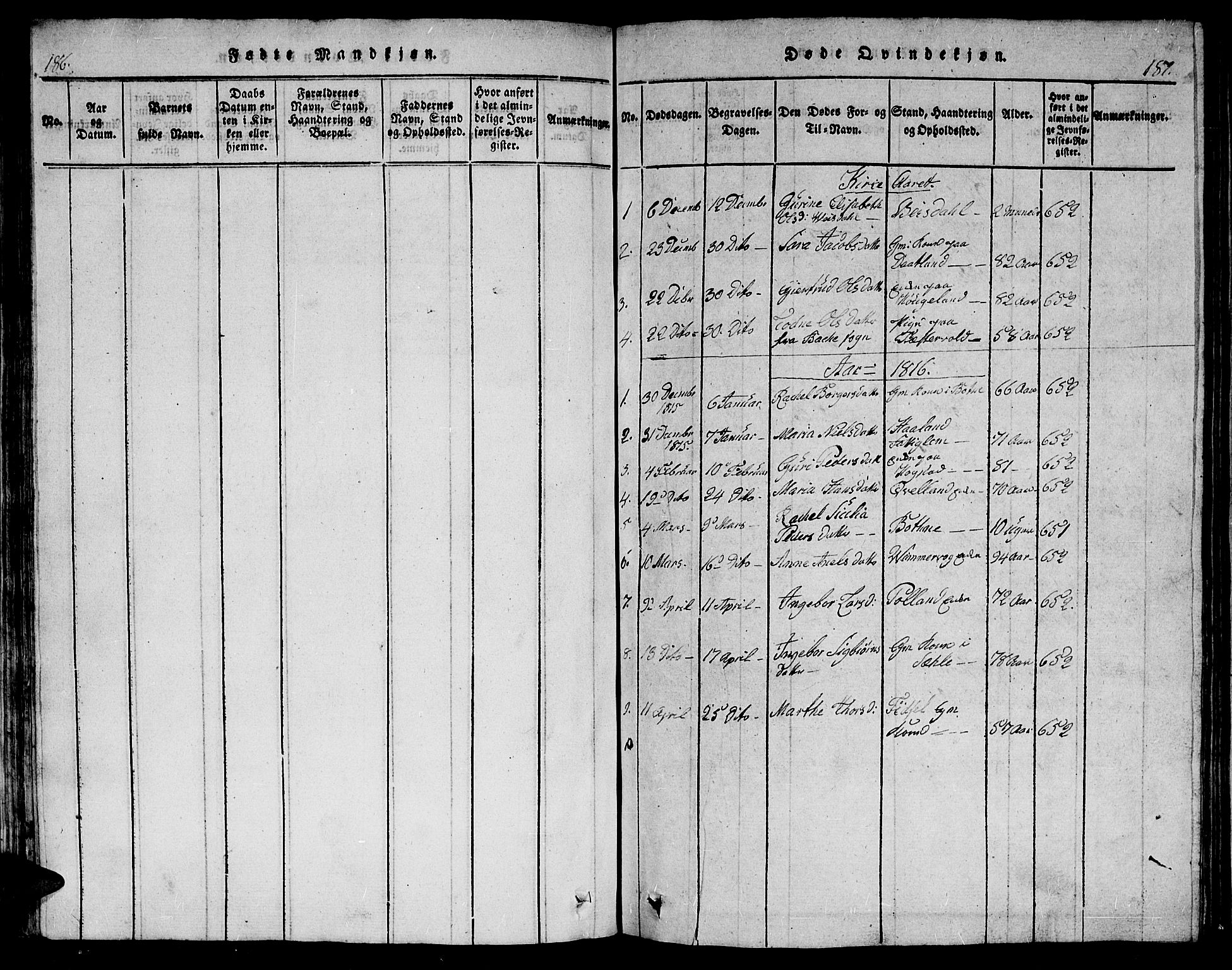 Flekkefjord sokneprestkontor, SAK/1111-0012/F/Fb/Fbb/L0001: Parish register (copy) no. B 1, 1815-1830, p. 186-187