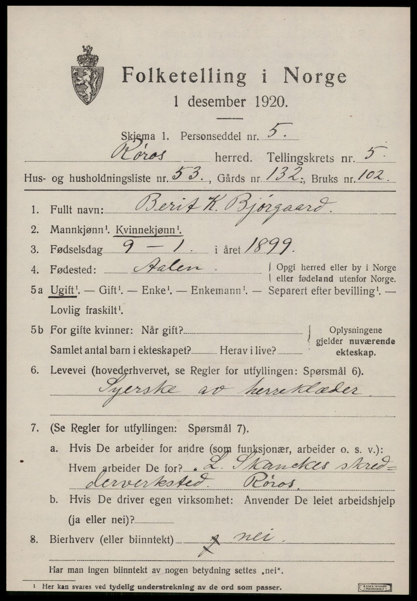 SAT, 1920 census for Røros, 1920, p. 6054