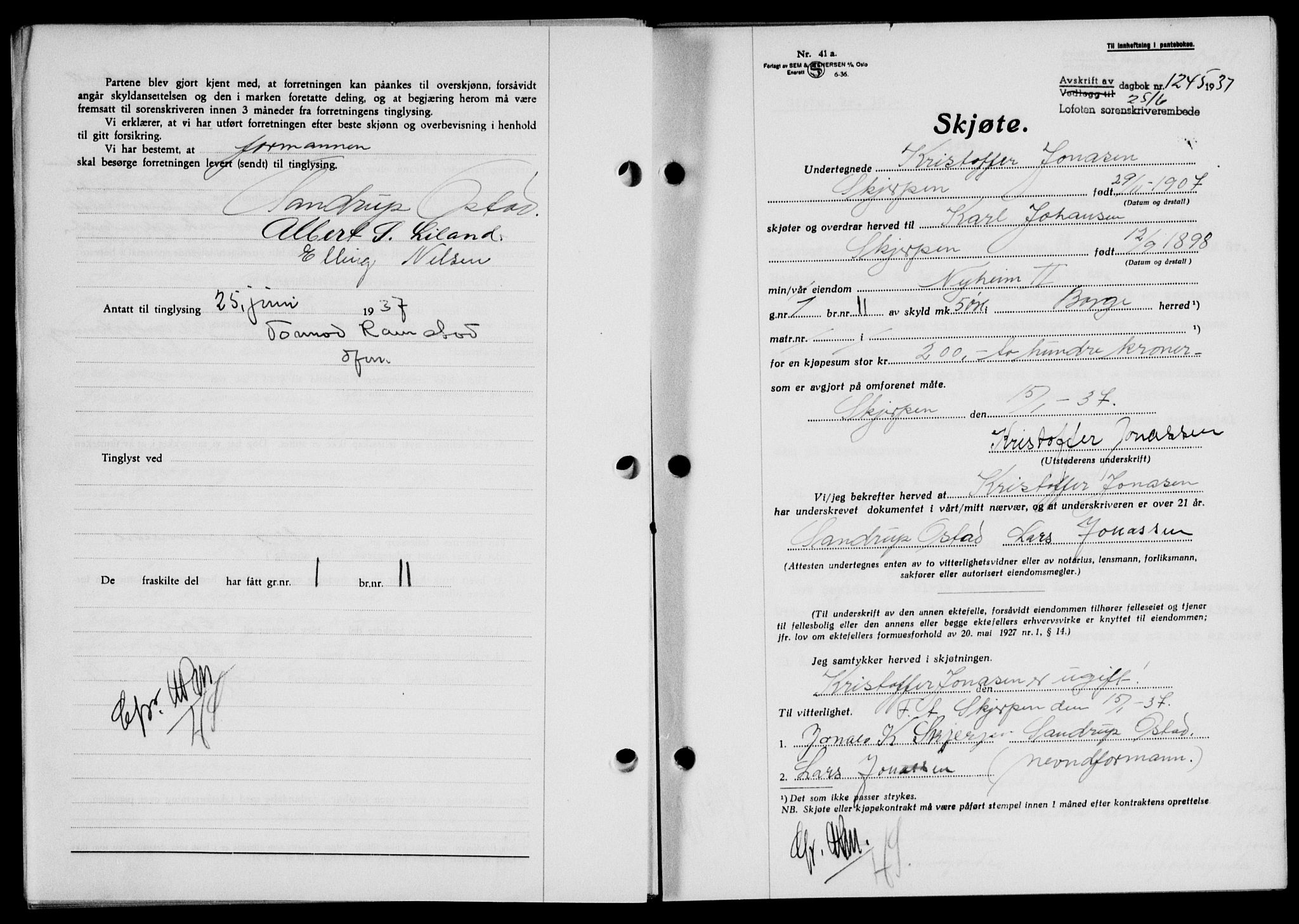 Lofoten sorenskriveri, SAT/A-0017/1/2/2C/L0002a: Mortgage book no. 2a, 1937-1937, Diary no: : 1245/1937