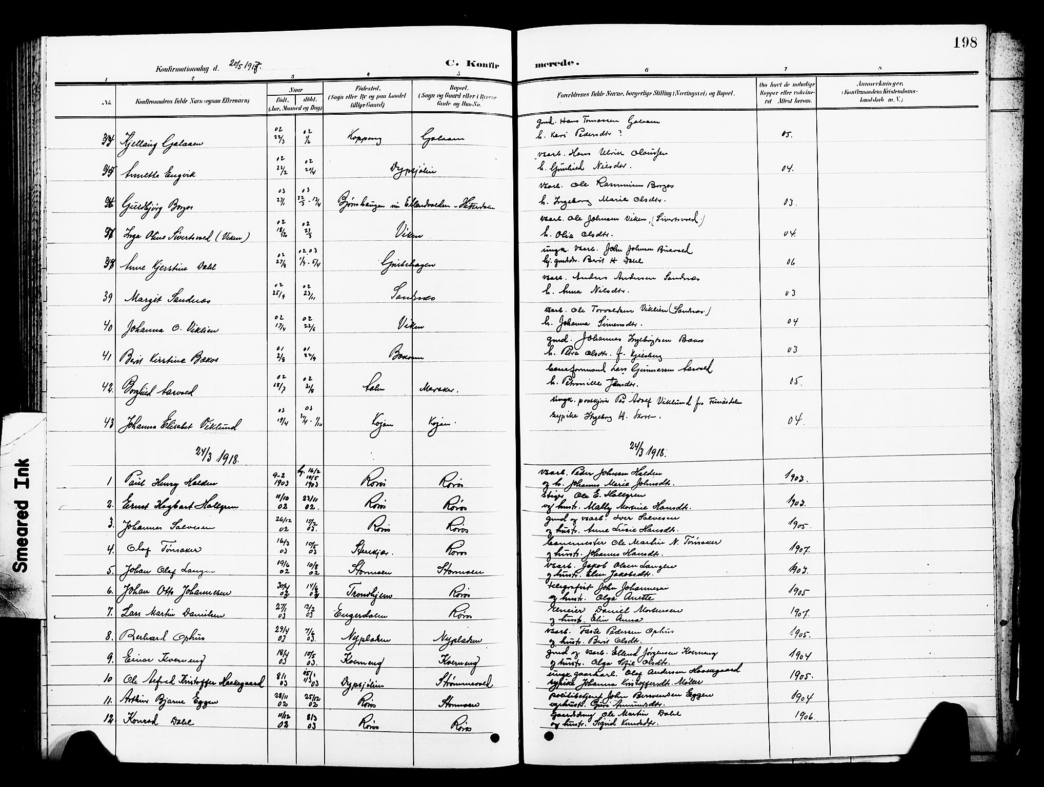 Ministerialprotokoller, klokkerbøker og fødselsregistre - Sør-Trøndelag, SAT/A-1456/681/L0942: Parish register (copy) no. 681C06, 1906-1925, p. 198