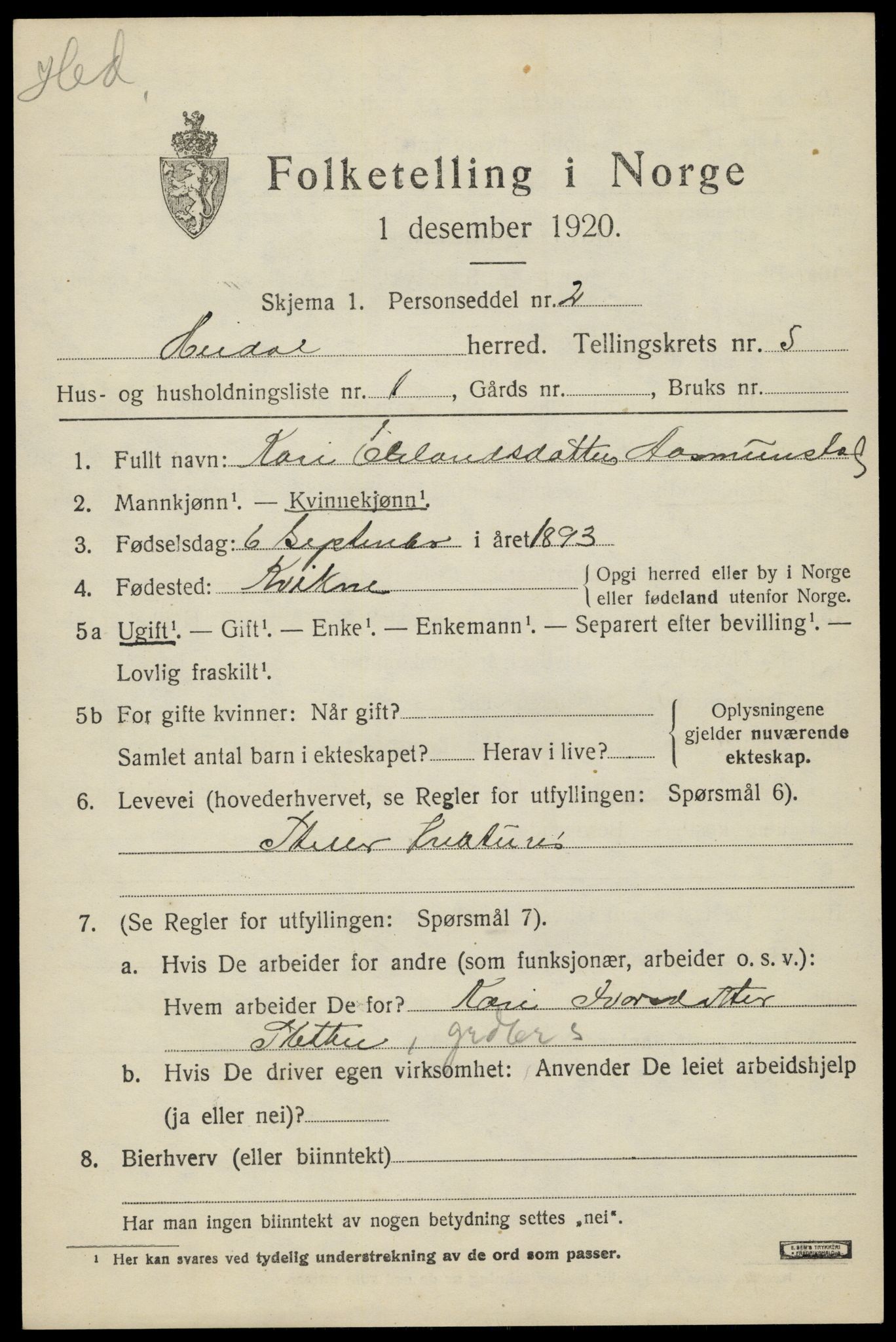 SAH, 1920 census for Heidal, 1920, p. 2364