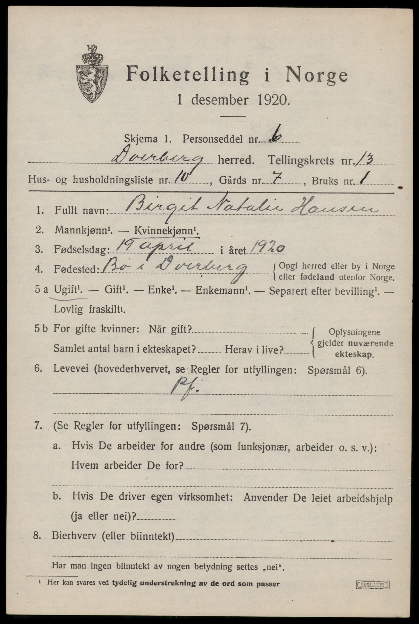 SAT, 1920 census for Dverberg, 1920, p. 10004