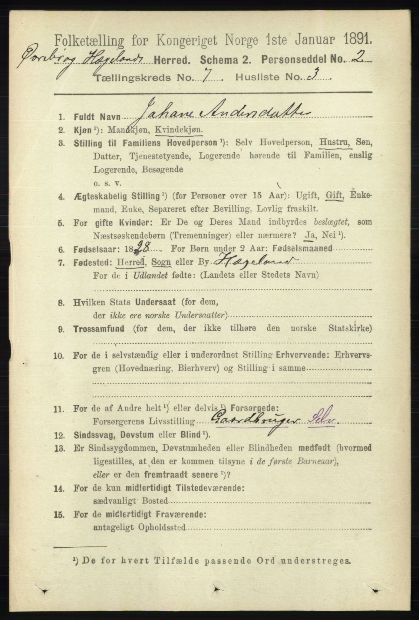 RA, 1891 census for 1016 Øvrebø og Hægeland, 1891, p. 1352