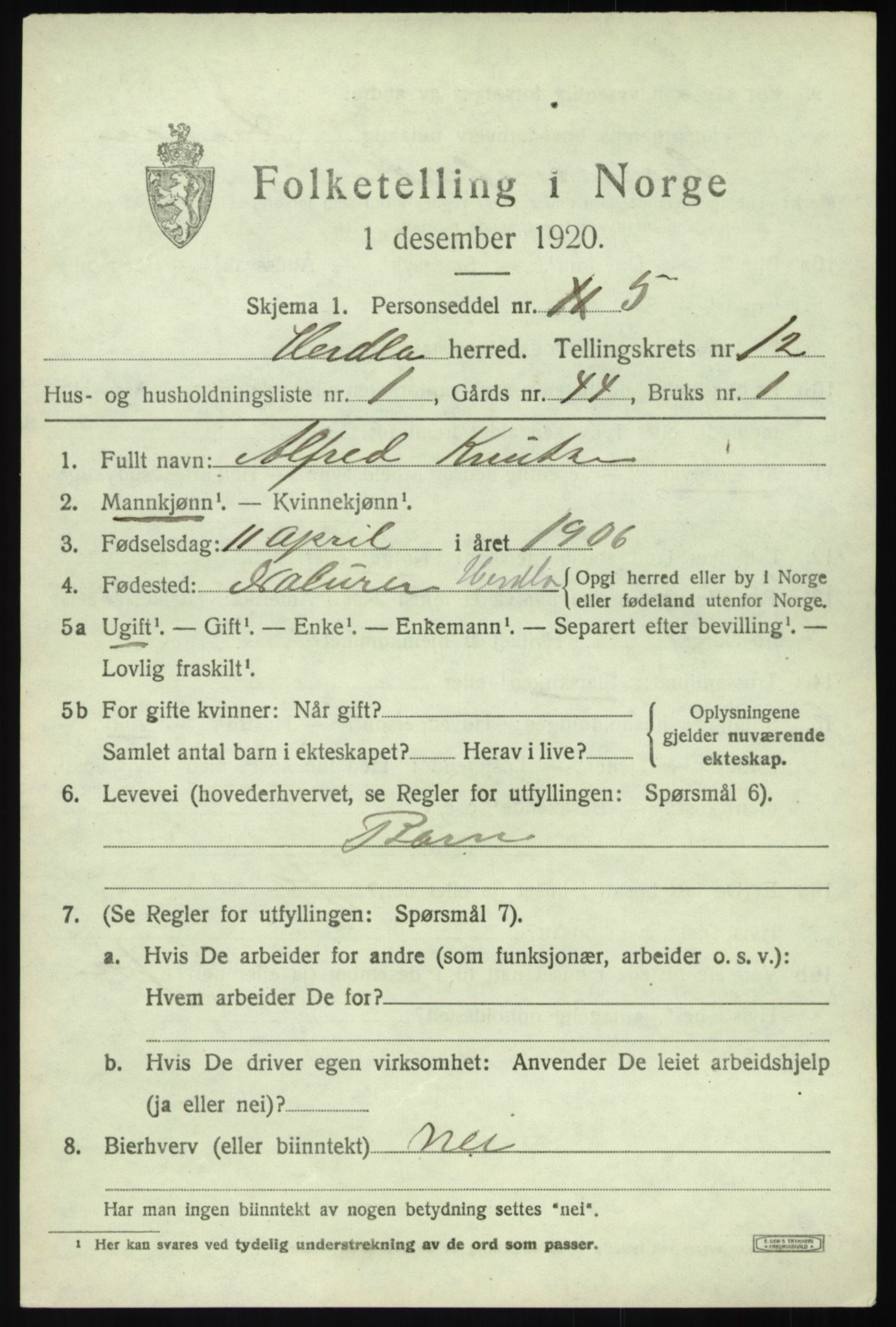 SAB, 1920 census for Herdla, 1920, p. 8343