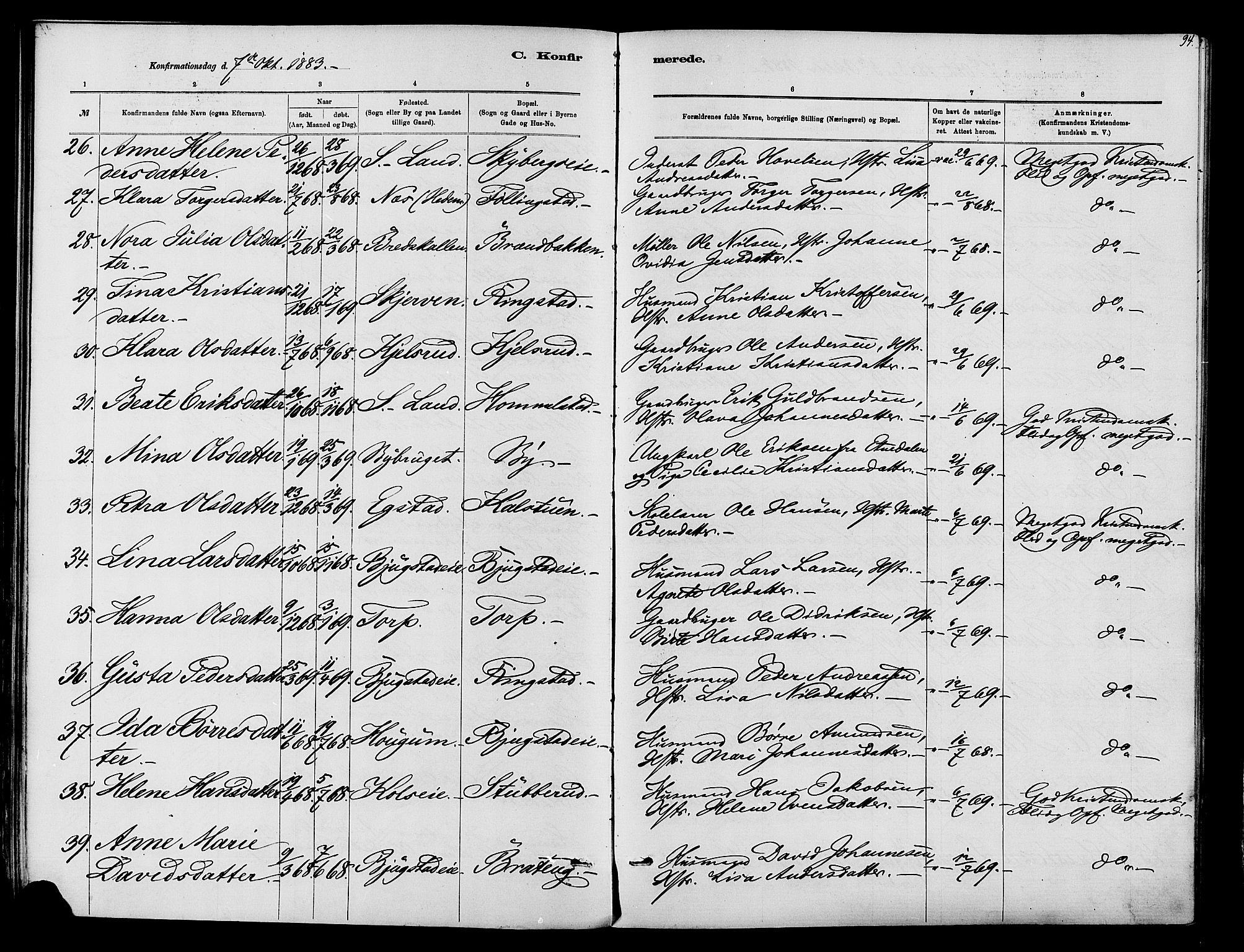 Vardal prestekontor, SAH/PREST-100/H/Ha/Haa/L0010: Parish register (official) no. 10, 1878-1893, p. 94