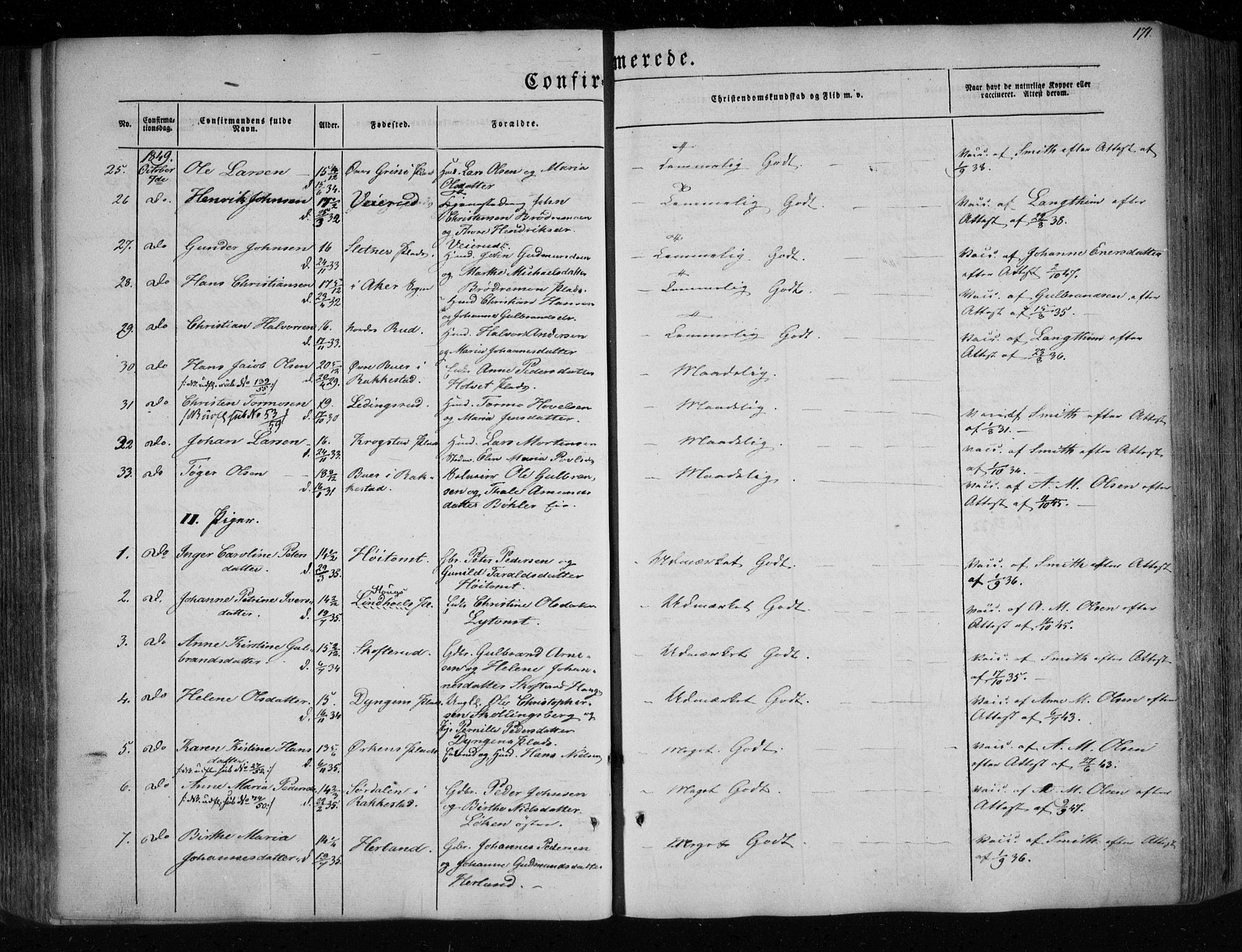 Eidsberg prestekontor Kirkebøker, SAO/A-10905/F/Fa/L0009: Parish register (official) no. I 9, 1849-1856, p. 171