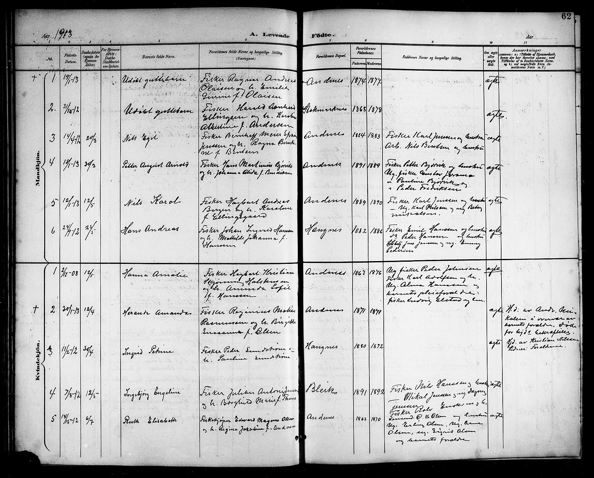 Ministerialprotokoller, klokkerbøker og fødselsregistre - Nordland, AV/SAT-A-1459/899/L1449: Parish register (copy) no. 899C04, 1900-1918, p. 62