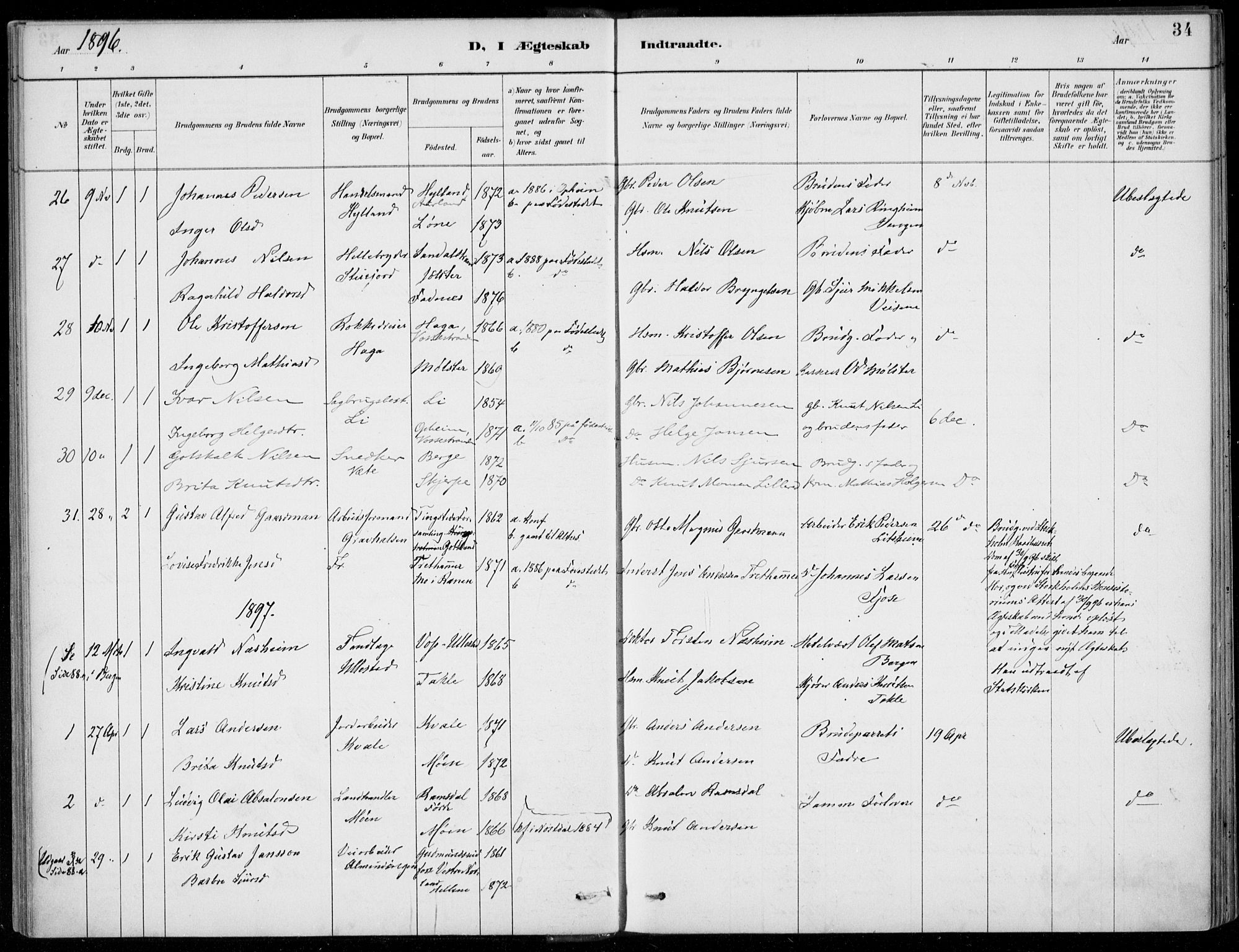 Voss sokneprestembete, SAB/A-79001/H/Haa: Parish register (official) no. C  1, 1887-1915, p. 34