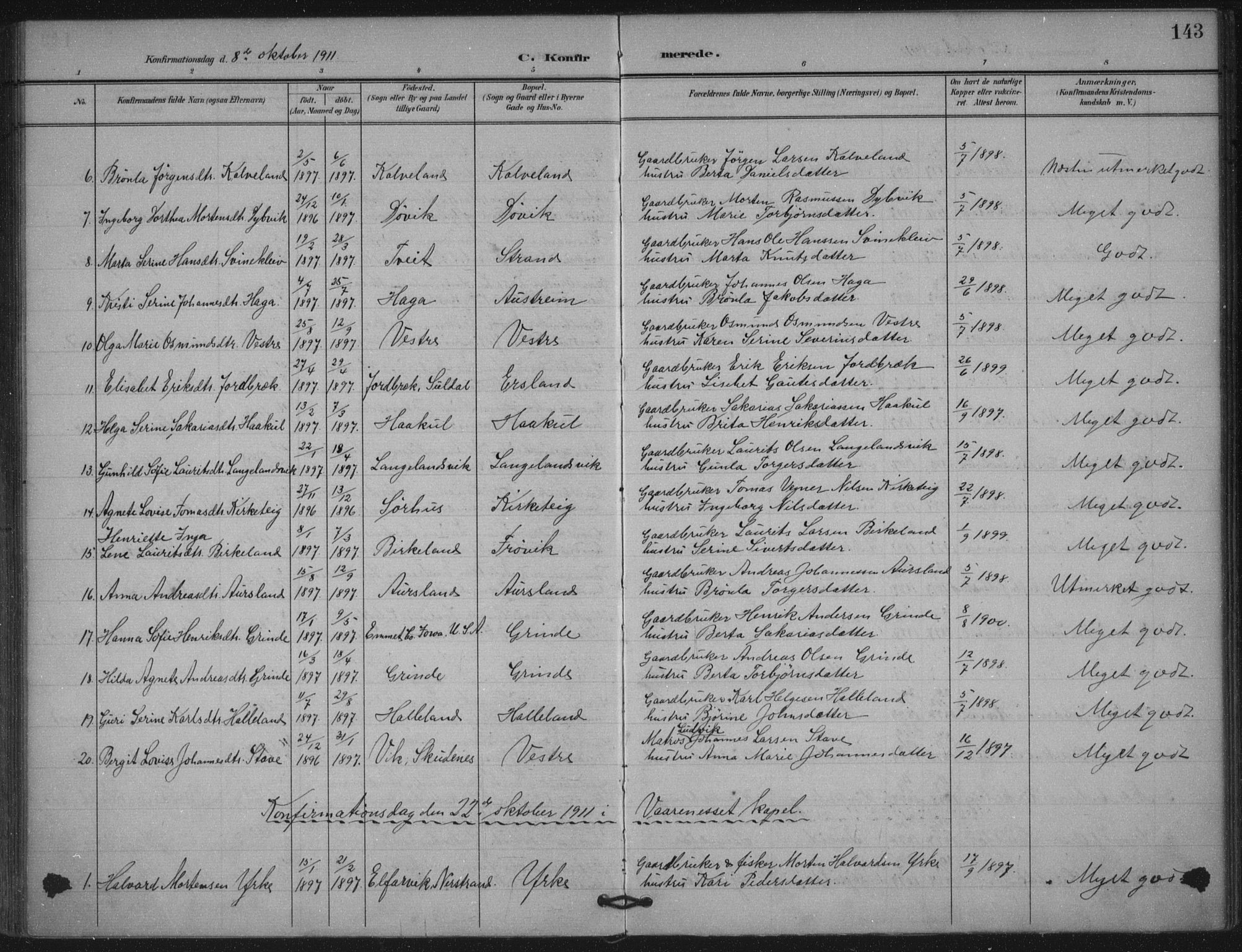 Skjold sokneprestkontor, AV/SAST-A-101847/H/Ha/Haa/L0011: Parish register (official) no. A 11, 1897-1914, p. 143