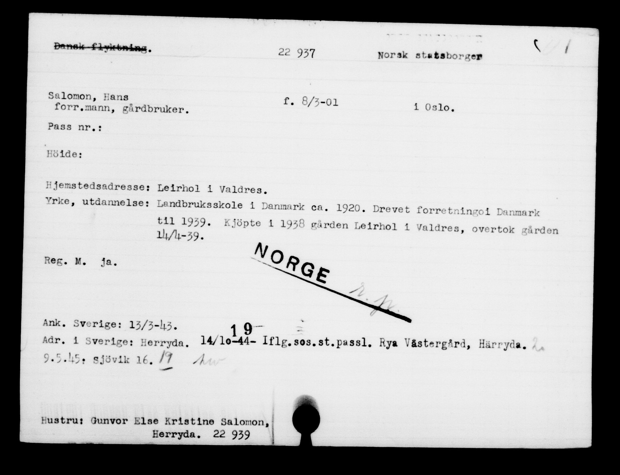 Den Kgl. Norske Legasjons Flyktningskontor, RA/S-6753/V/Va/L0010: Kjesäterkartoteket.  Flyktningenr. 22000-25314, 1940-1945, p. 1015