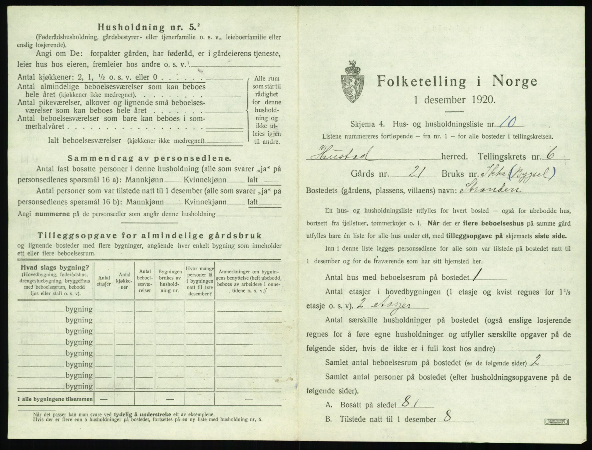 SAT, 1920 census for Hustad, 1920, p. 625