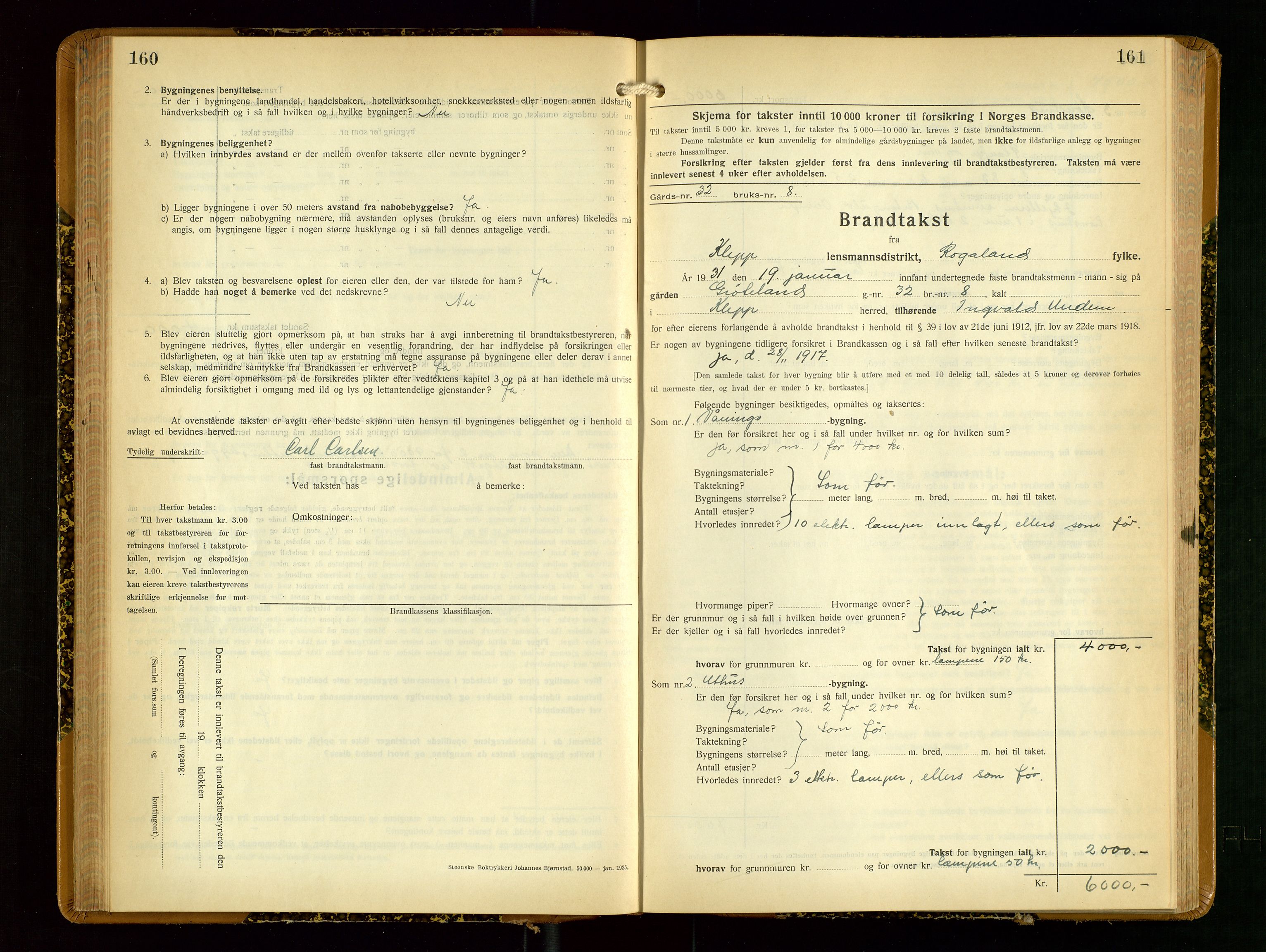 Klepp lensmannskontor, AV/SAST-A-100163/Goc/L0012: "Brandtakstprotokoll" m/register, 1929-1933, p. 160-161