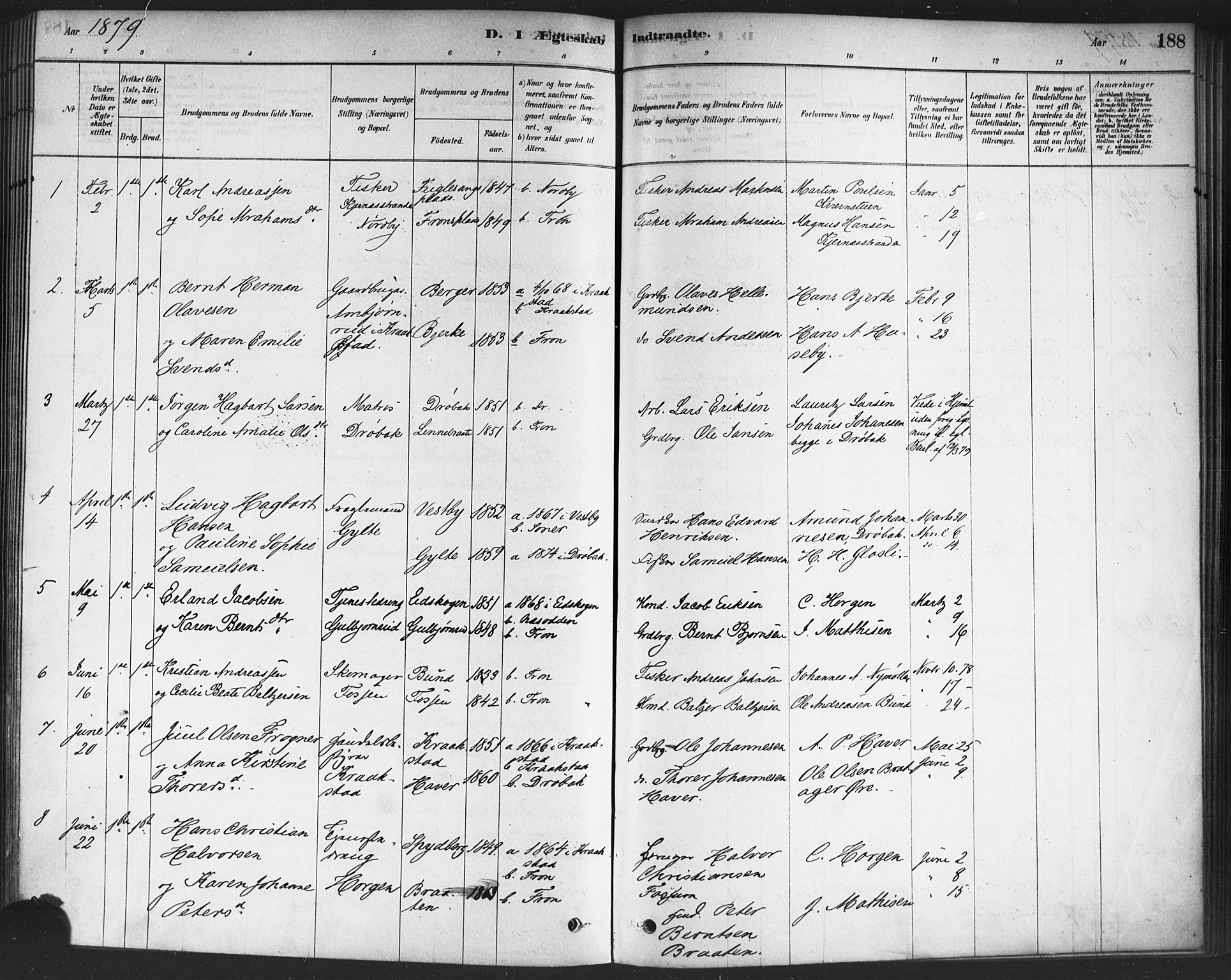 Drøbak prestekontor Kirkebøker, SAO/A-10142a/F/Fc/L0002: Parish register (official) no. III 2, 1878-1891, p. 188