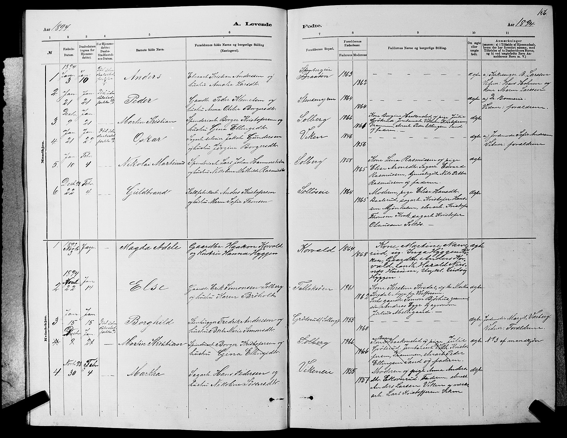 Nedre Eiker kirkebøker, AV/SAKO-A-612/G/Ga/L0002: Parish register (copy) no. 2, 1880-1896, p. 156