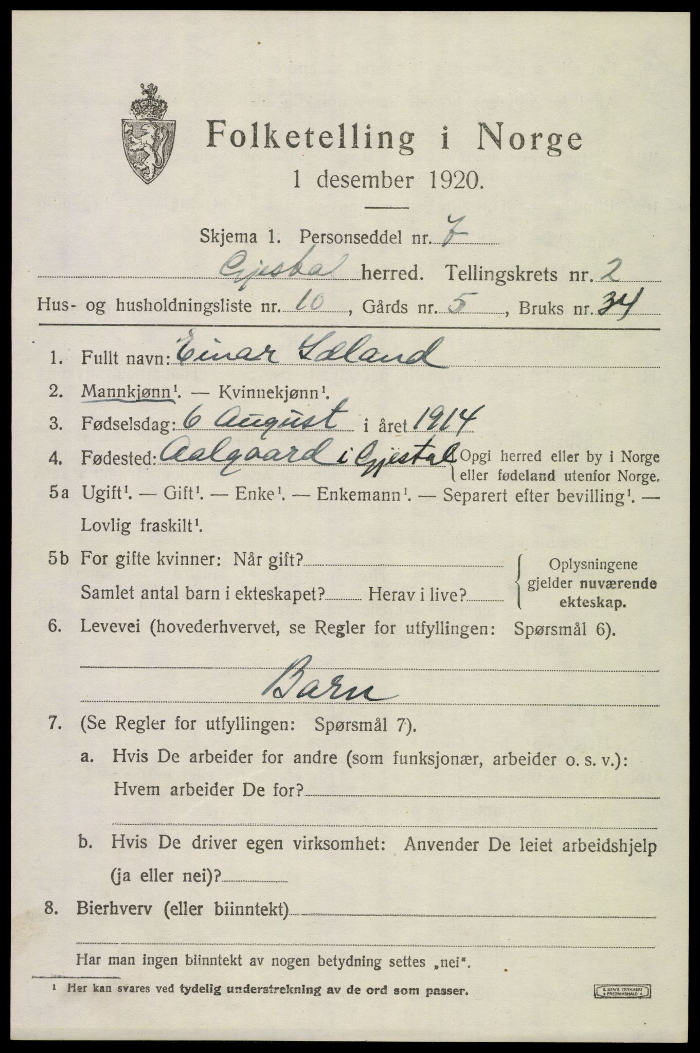 SAST, 1920 census for Gjesdal, 1920, p. 1578