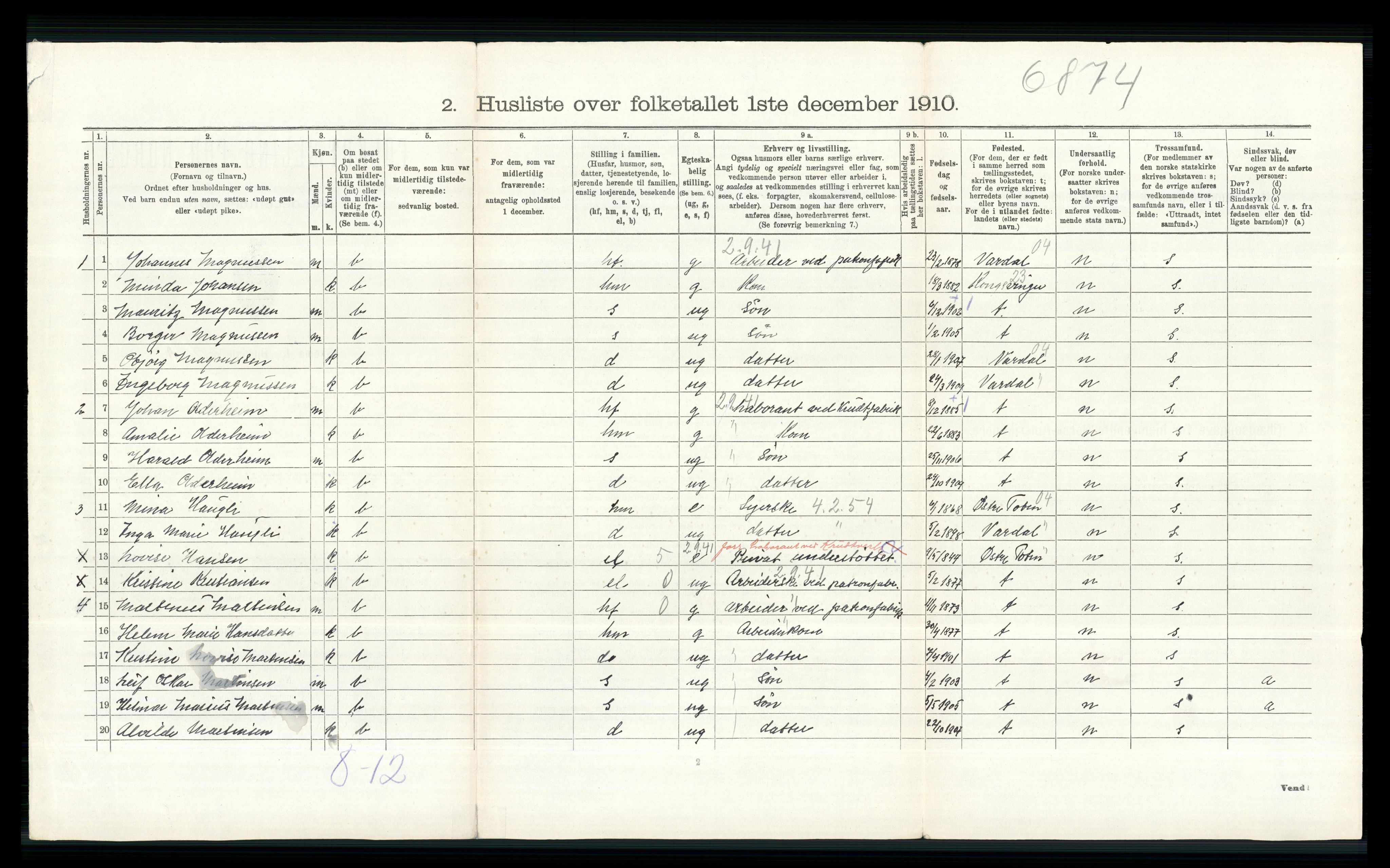 RA, 1910 census for Vestre Toten, 1910, p. 1320