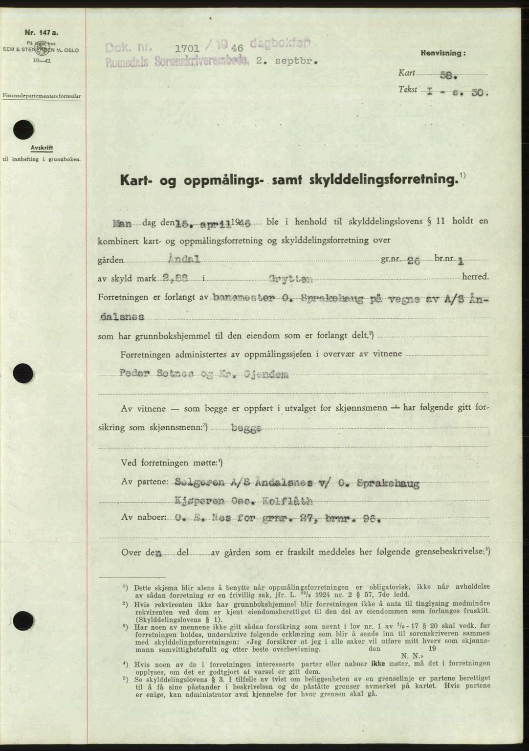 Romsdal sorenskriveri, AV/SAT-A-4149/1/2/2C: Mortgage book no. A20, 1946-1946, Diary no: : 1701/1946