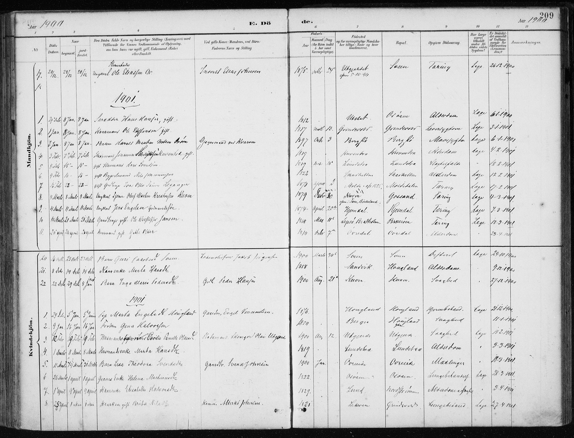Os sokneprestembete, SAB/A-99929: Parish register (official) no. B 1, 1885-1902, p. 209