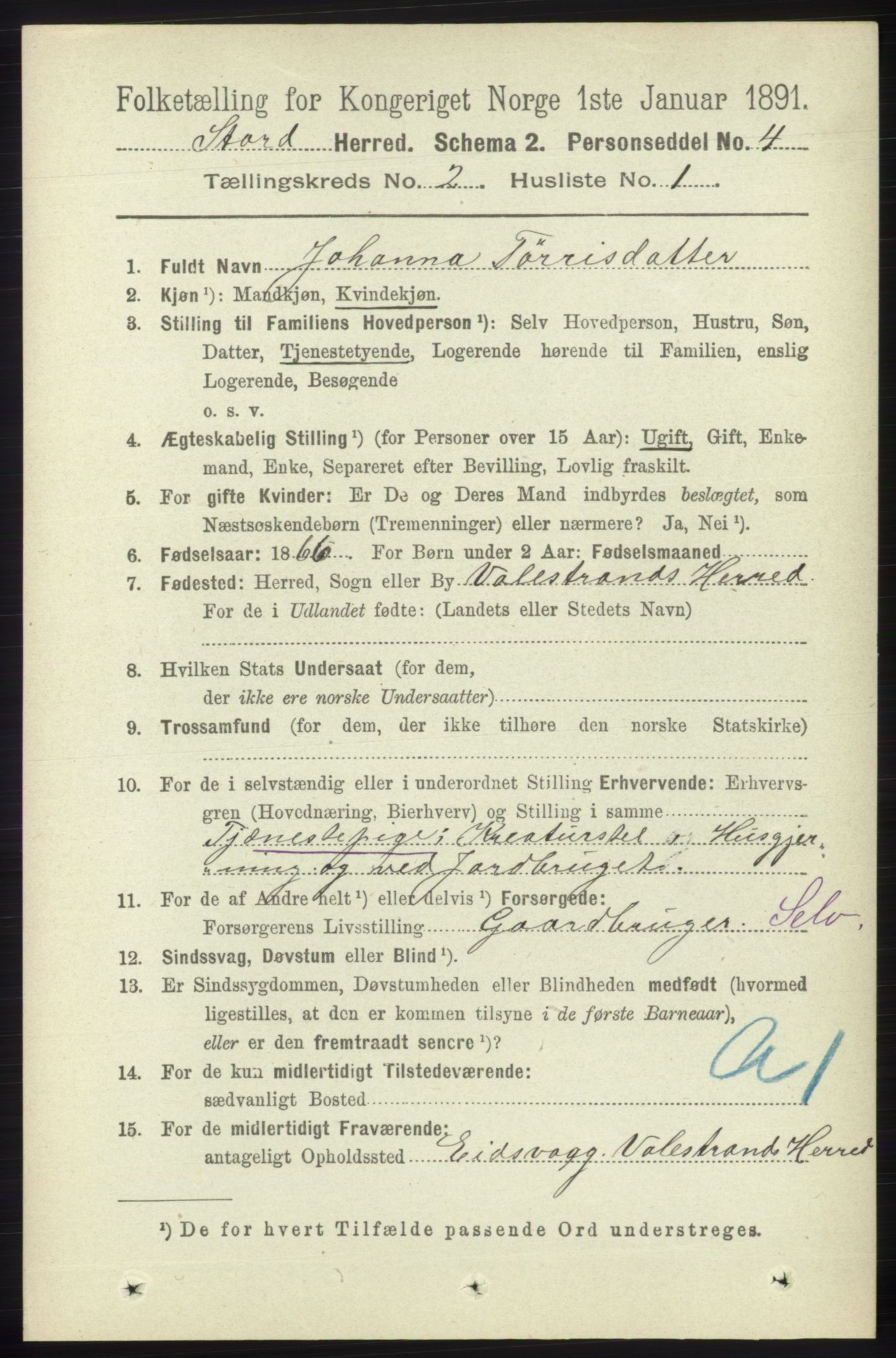 RA, 1891 census for 1221 Stord, 1891, p. 256