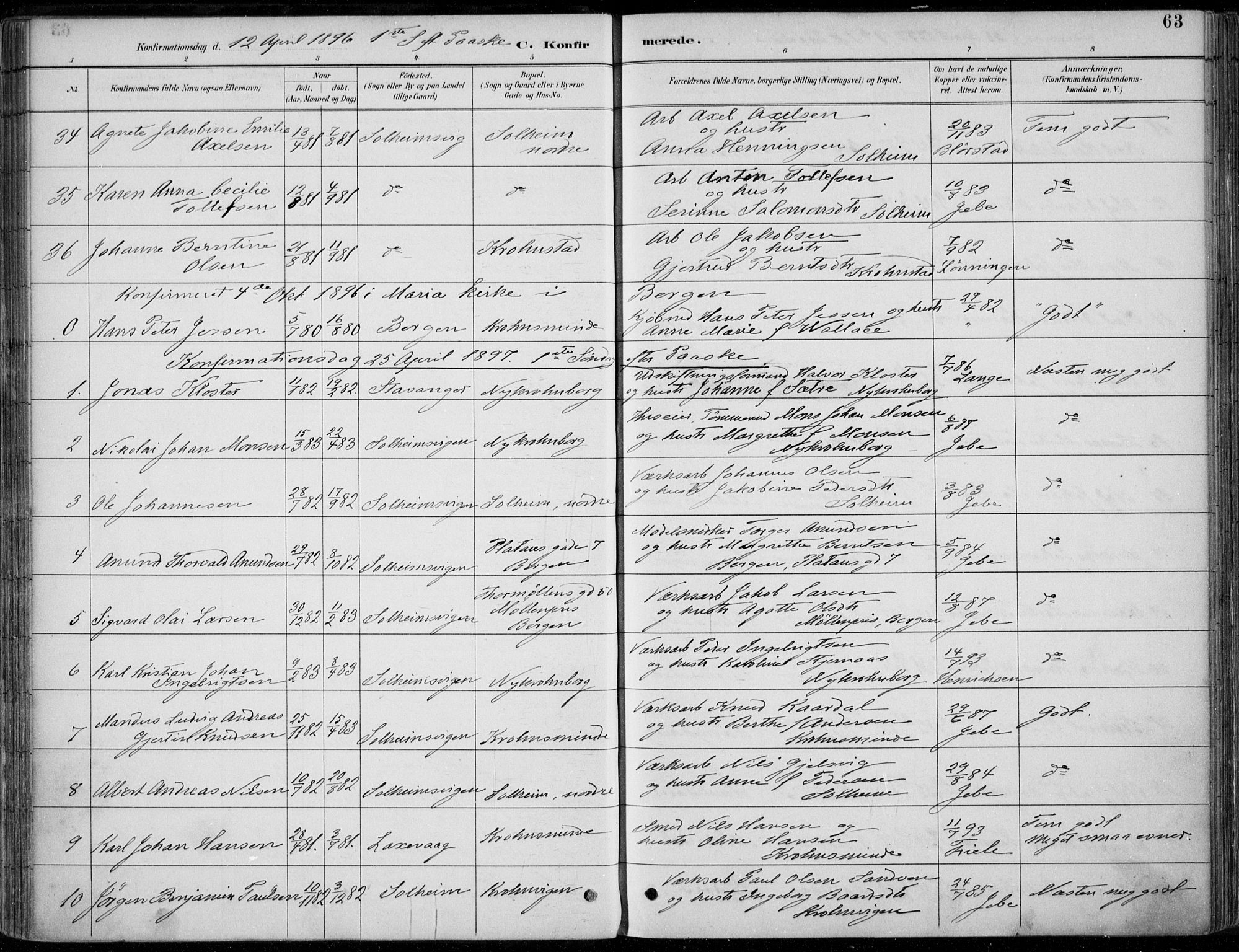 Årstad Sokneprestembete, SAB/A-79301/H/Haa/L0006: Parish register (official) no. B 1, 1886-1901, p. 63