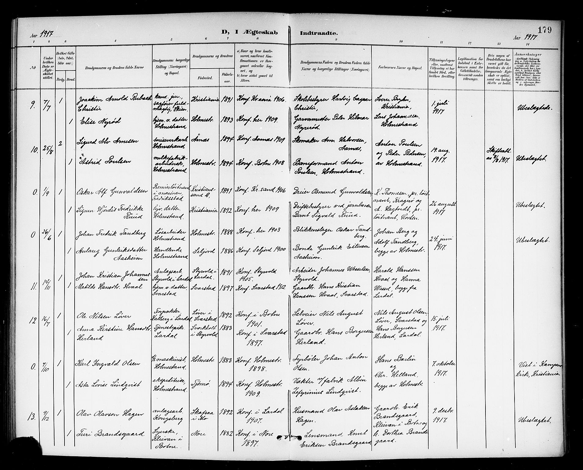 Holmestrand kirkebøker, AV/SAKO-A-346/G/Ga/L0006: Parish register (copy) no. 6, 1901-1923, p. 179