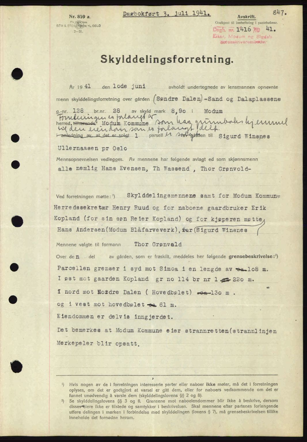 Eiker, Modum og Sigdal sorenskriveri, SAKO/A-123/G/Ga/Gab/L0043: Mortgage book no. A13, 1940-1941, Diary no: : 1416/1941