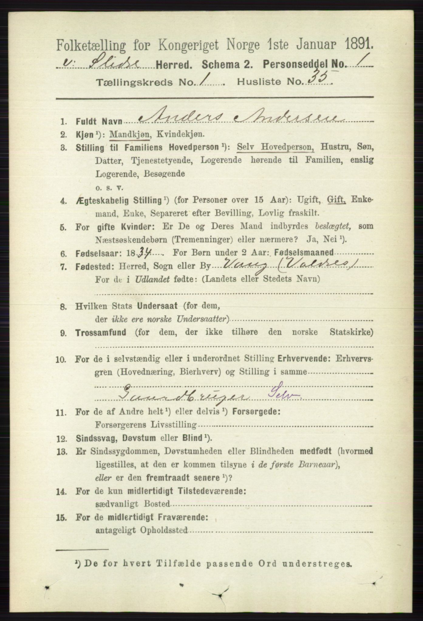RA, 1891 census for 0543 Vestre Slidre, 1891, p. 274