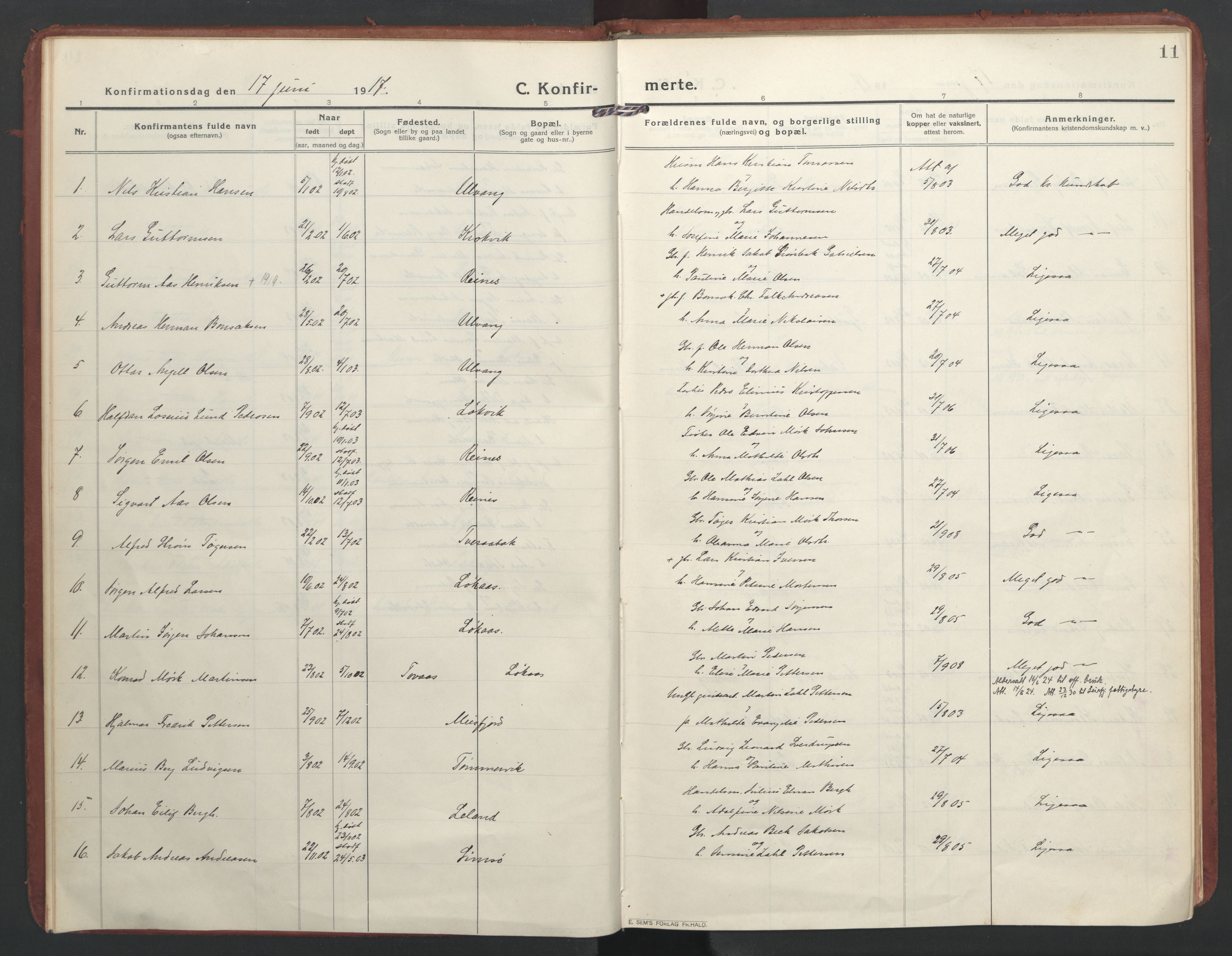 Ministerialprotokoller, klokkerbøker og fødselsregistre - Nordland, AV/SAT-A-1459/832/L0492: Parish register (official) no. 832A01, 1916-1934, p. 11