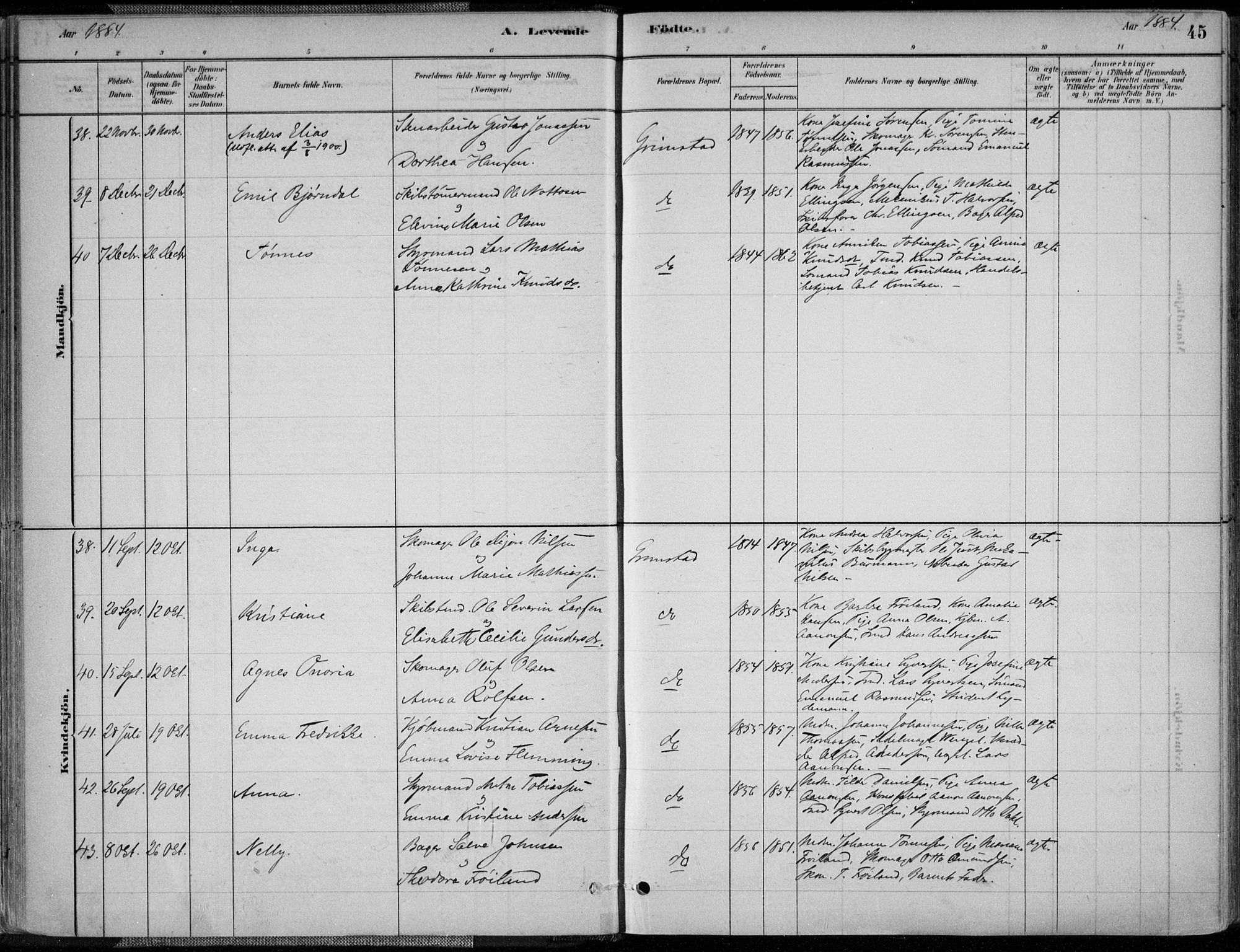 Grimstad sokneprestkontor, AV/SAK-1111-0017/F/Fa/L0003: Parish register (official) no. A 2, 1882-1912, p. 45