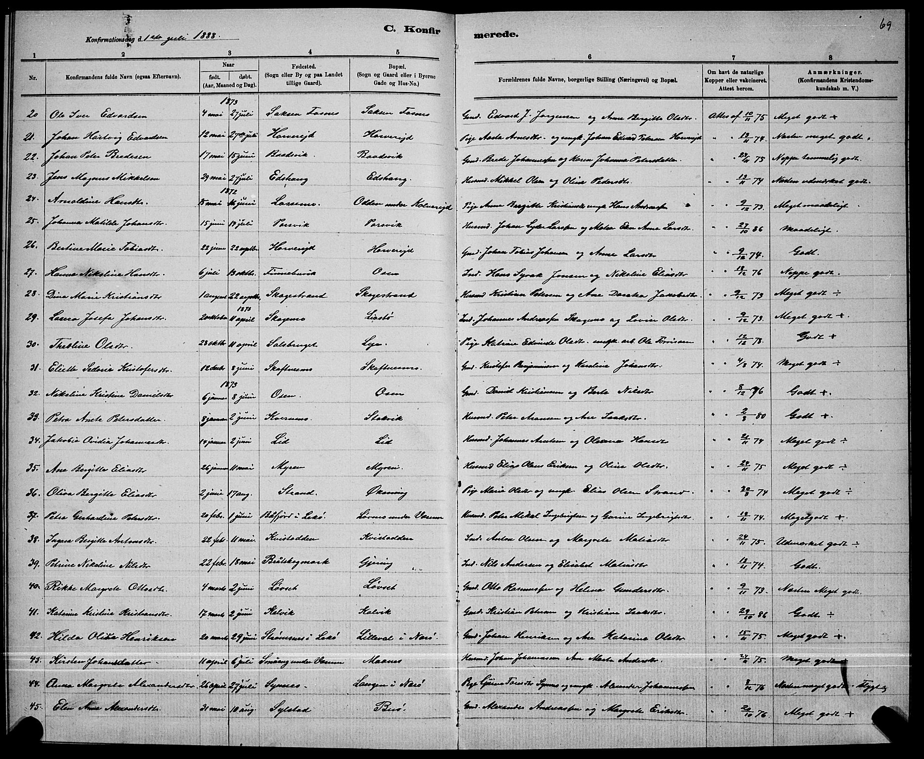 Ministerialprotokoller, klokkerbøker og fødselsregistre - Nord-Trøndelag, SAT/A-1458/780/L0651: Parish register (copy) no. 780C03, 1884-1898, p. 69