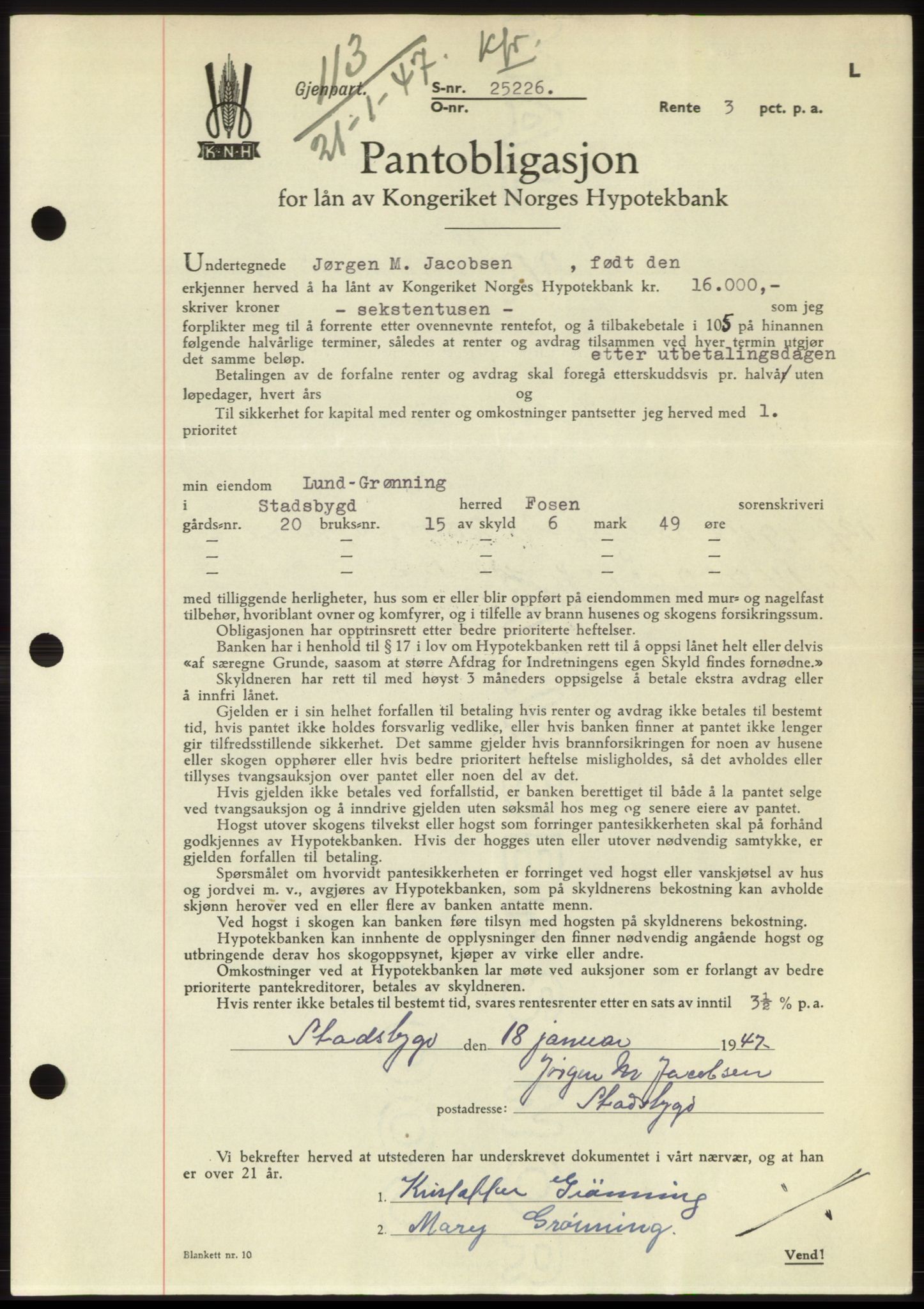 Fosen sorenskriveri, AV/SAT-A-1107/1/2/2C: Mortgage book no. B, 1946-1948, Diary no: : 113/1947