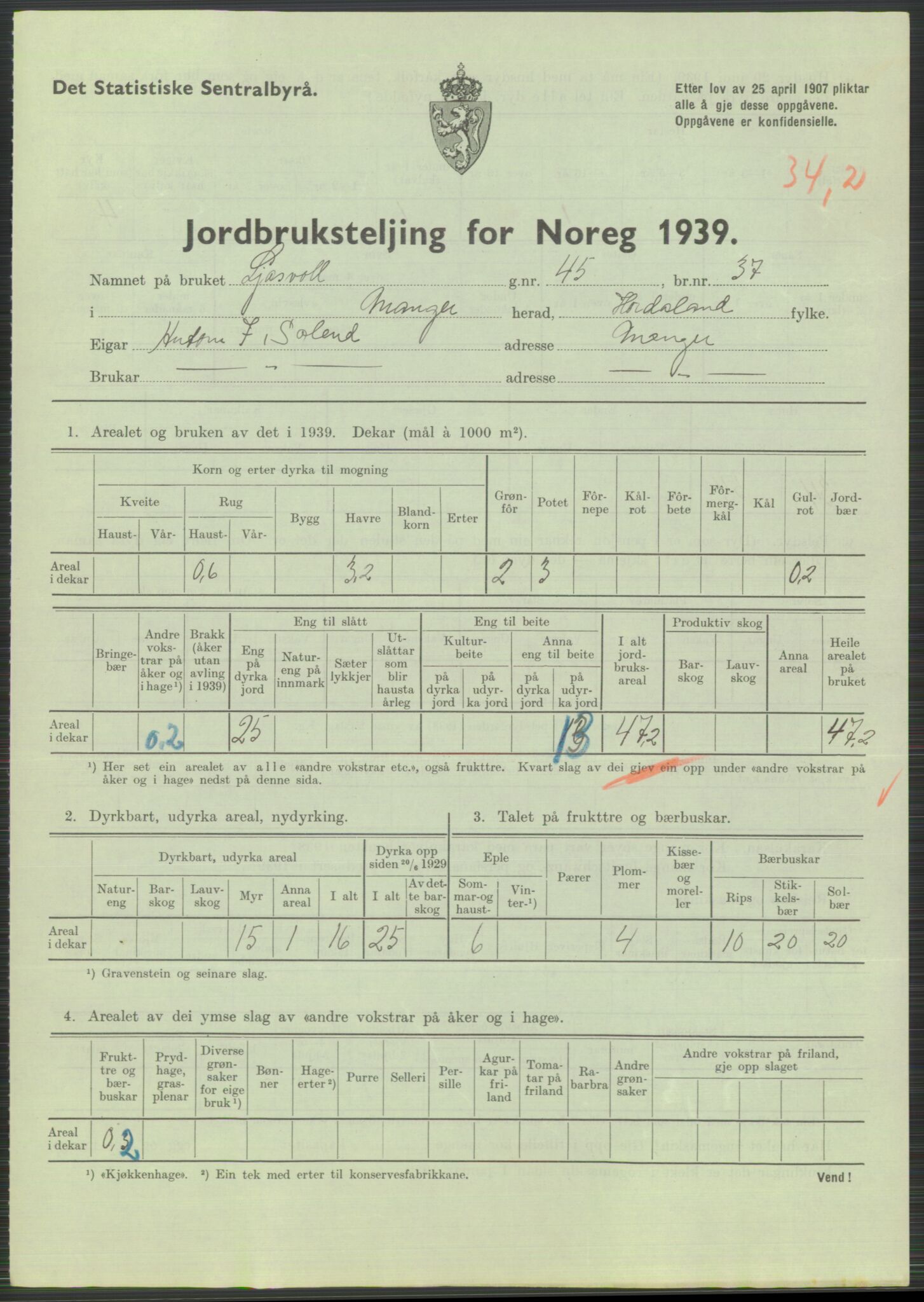 Statistisk sentralbyrå, Næringsøkonomiske emner, Jordbruk, skogbruk, jakt, fiske og fangst, AV/RA-S-2234/G/Gb/L0211: Hordaland: Herdla, Hjelme og Manger, 1939, p. 1649