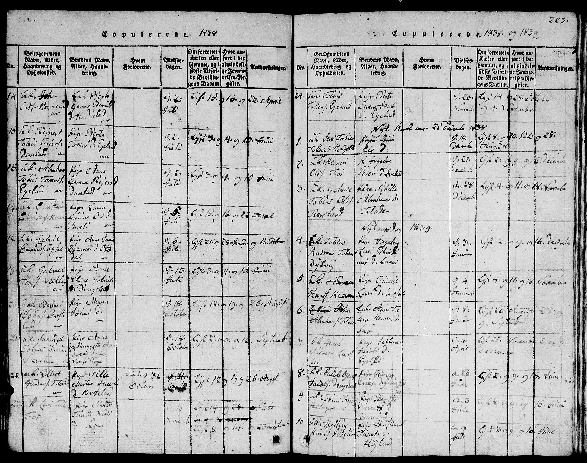 Lyngdal sokneprestkontor, AV/SAK-1111-0029/F/Fb/Fbc/L0001: Parish register (copy) no. B 1, 1815-1844, p. 223