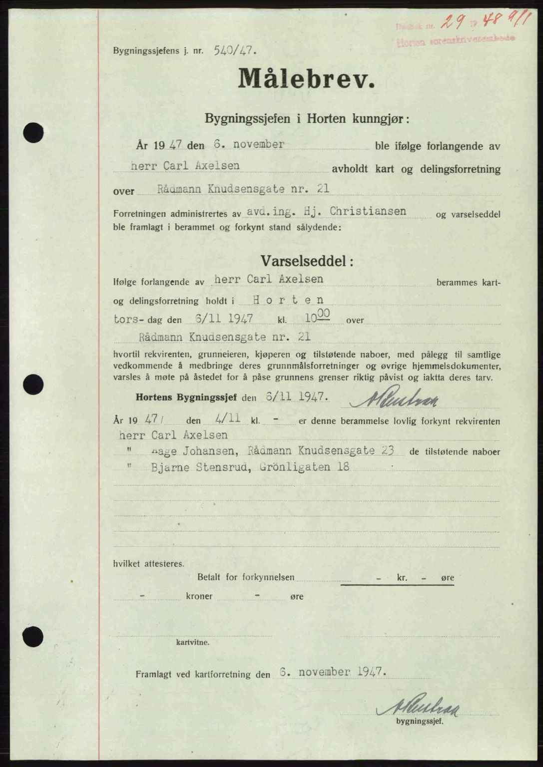 Horten sorenskriveri, AV/SAKO-A-133/G/Ga/Gaa/L0010: Mortgage book no. A-10, 1947-1948, Diary no: : 29/1948