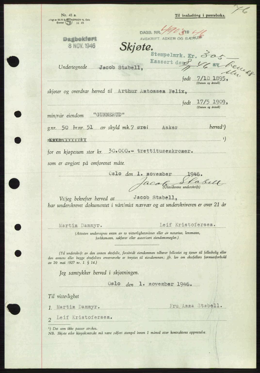 Aker herredsskriveri, AV/SAO-A-10896/G/Gb/Gbb/Gbbb/L0036: Mortgage book no. A82, 1946-1947, Diary no: : 4903/1946