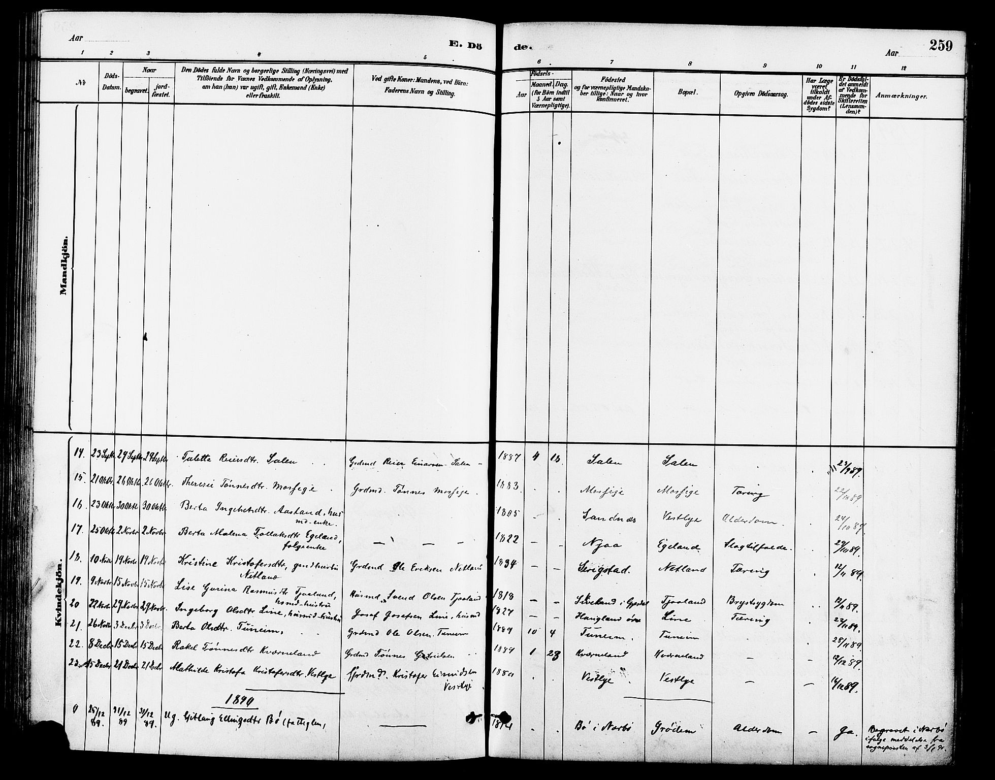 Lye sokneprestkontor, AV/SAST-A-101794/001/30BA/L0009: Parish register (official) no. A 8, 1881-1892, p. 259