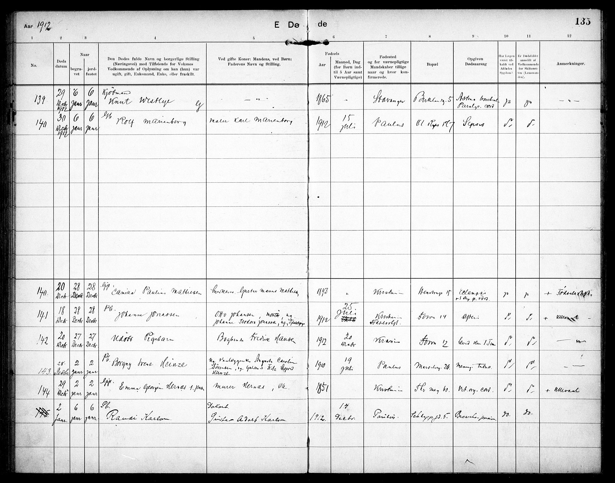 Paulus prestekontor Kirkebøker, AV/SAO-A-10871/F/Fa/L0018: Parish register (official) no. 18, 1906-1915, p. 135