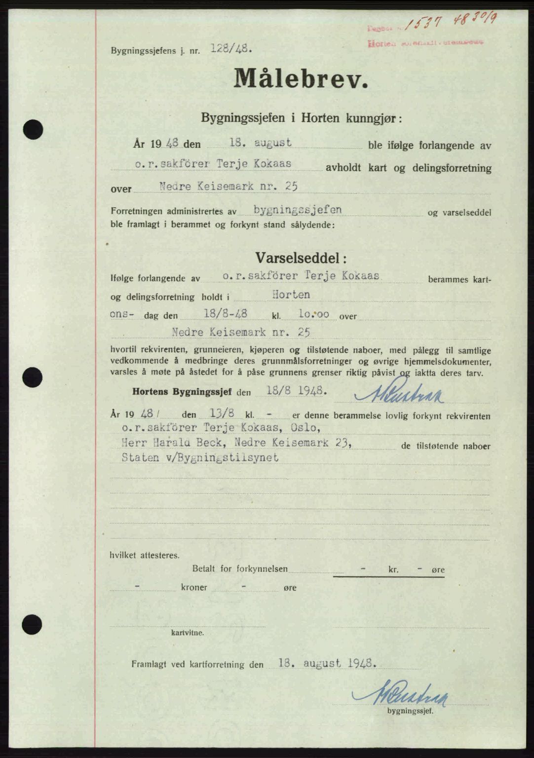 Horten sorenskriveri, AV/SAKO-A-133/G/Ga/Gaa/L0011: Mortgage book no. A-11, 1948-1948, Diary no: : 1537/1948