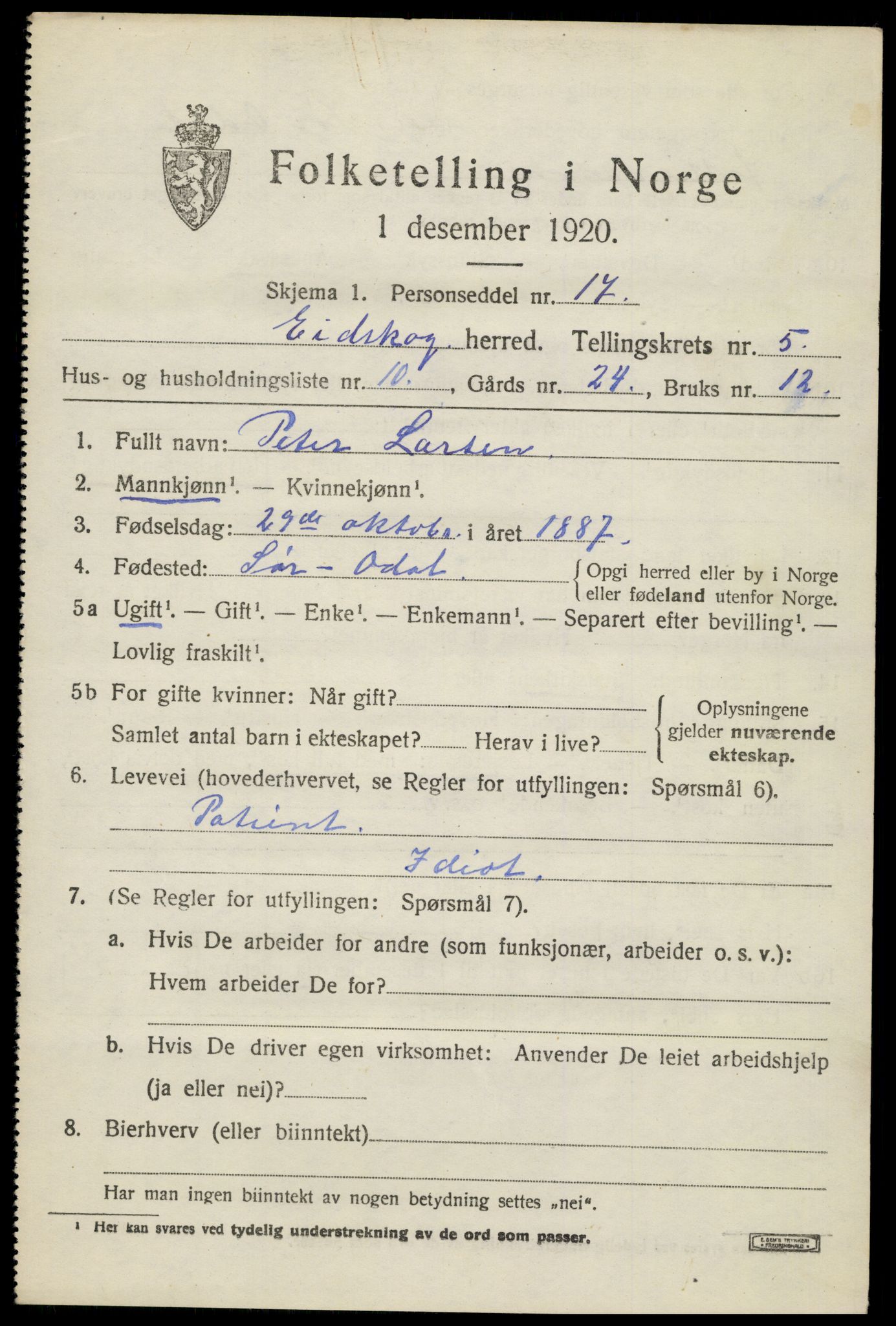 SAH, 1920 census for Eidskog, 1920, p. 5887