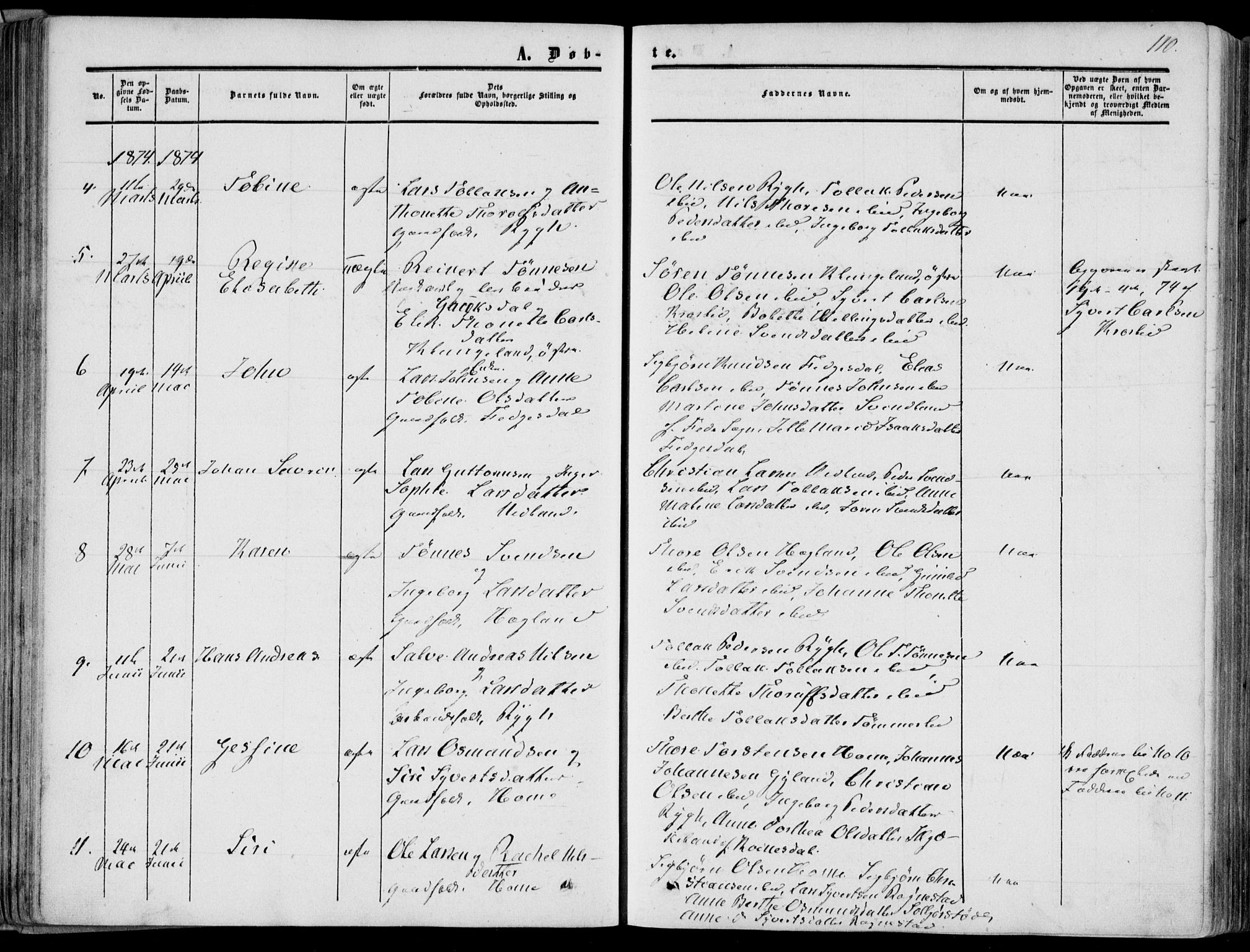 Bakke sokneprestkontor, AV/SAK-1111-0002/F/Fa/Fab/L0002: Parish register (official) no. A 2, 1855-1884, p. 110