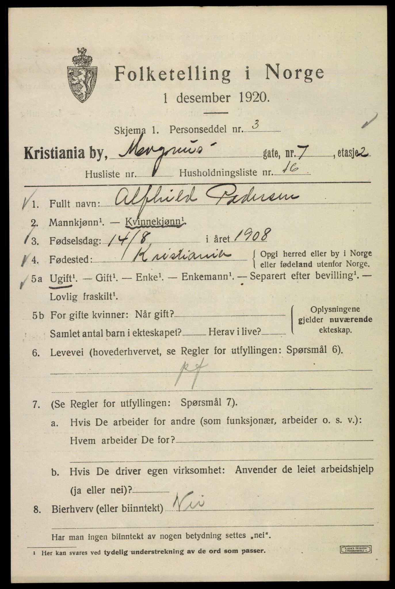 SAO, 1920 census for Kristiania, 1920, p. 371181