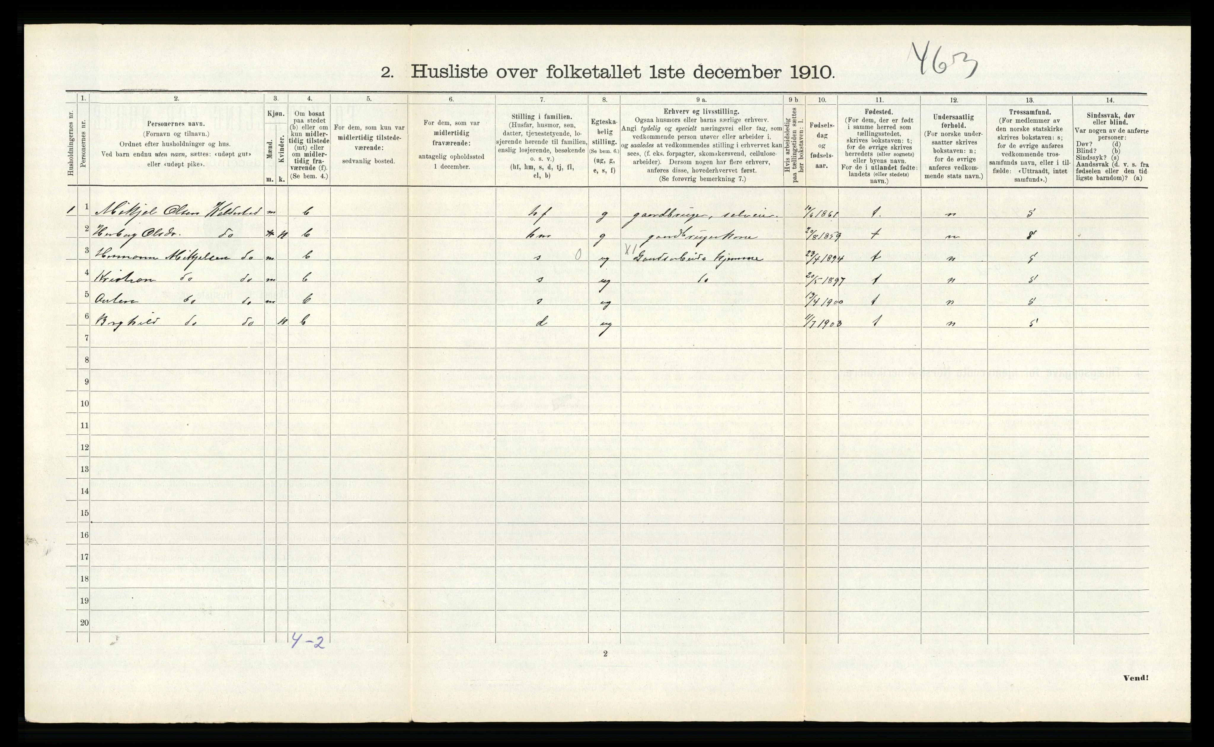 RA, 1910 census for Kvam, 1910, p. 212