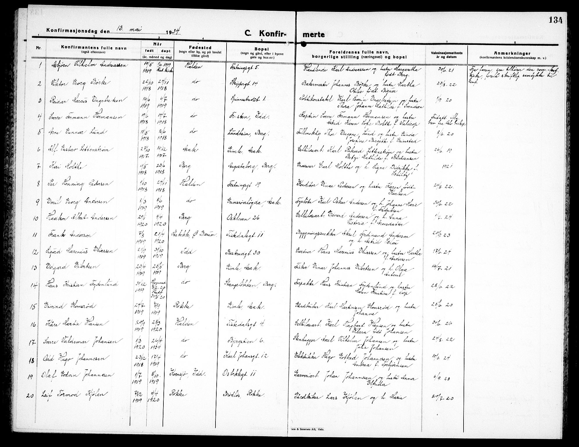 Halden prestekontor Kirkebøker, AV/SAO-A-10909/G/Ga/L0013: Parish register (copy) no. 13, 1924-1939, p. 134