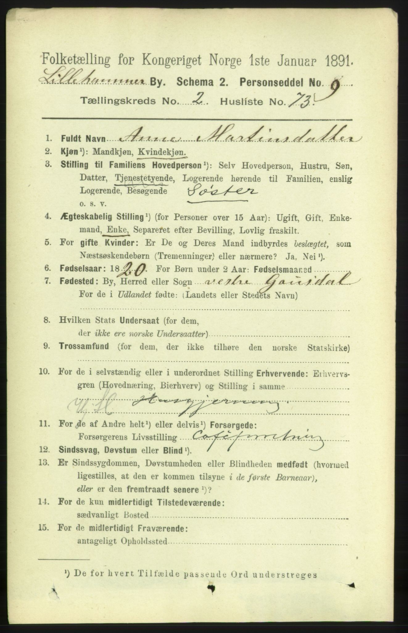 RA, 1891 census for 0501 Lillehammer, 1891, p. 1994